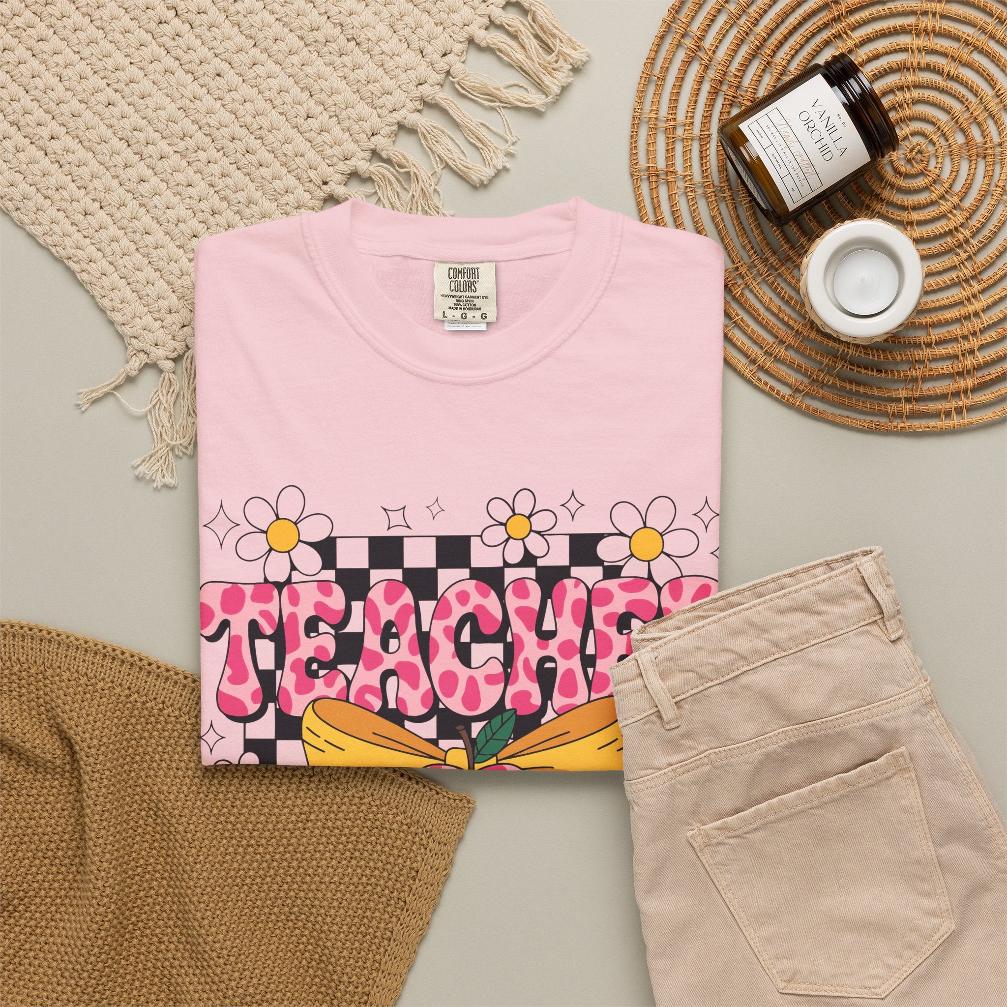 Teacher Floral Bow T‑Shirt — Cute Checkerboard & Heart Design for Educators