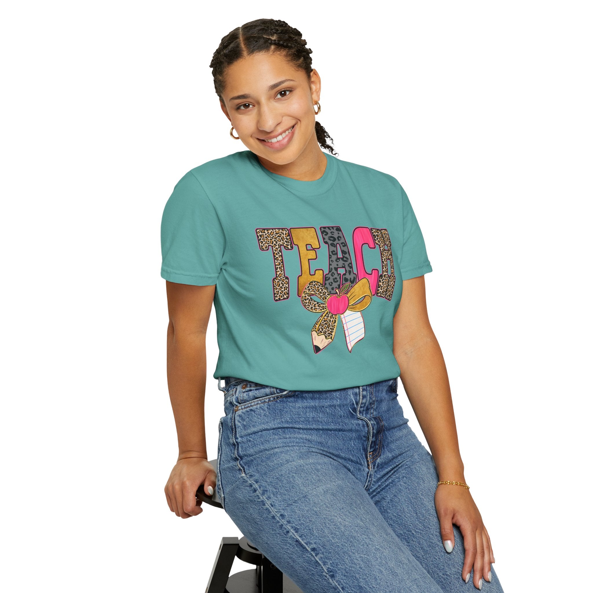 Teacher Graphic Tee — 'TEACH' Leopard Print Pencil Bow Design