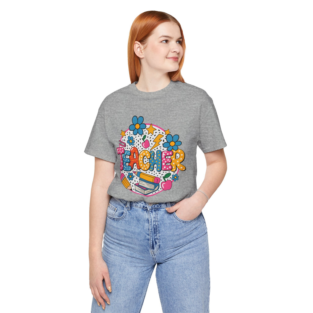 Teacher Doodle Graphic Tee — Colorful School Supplies Design