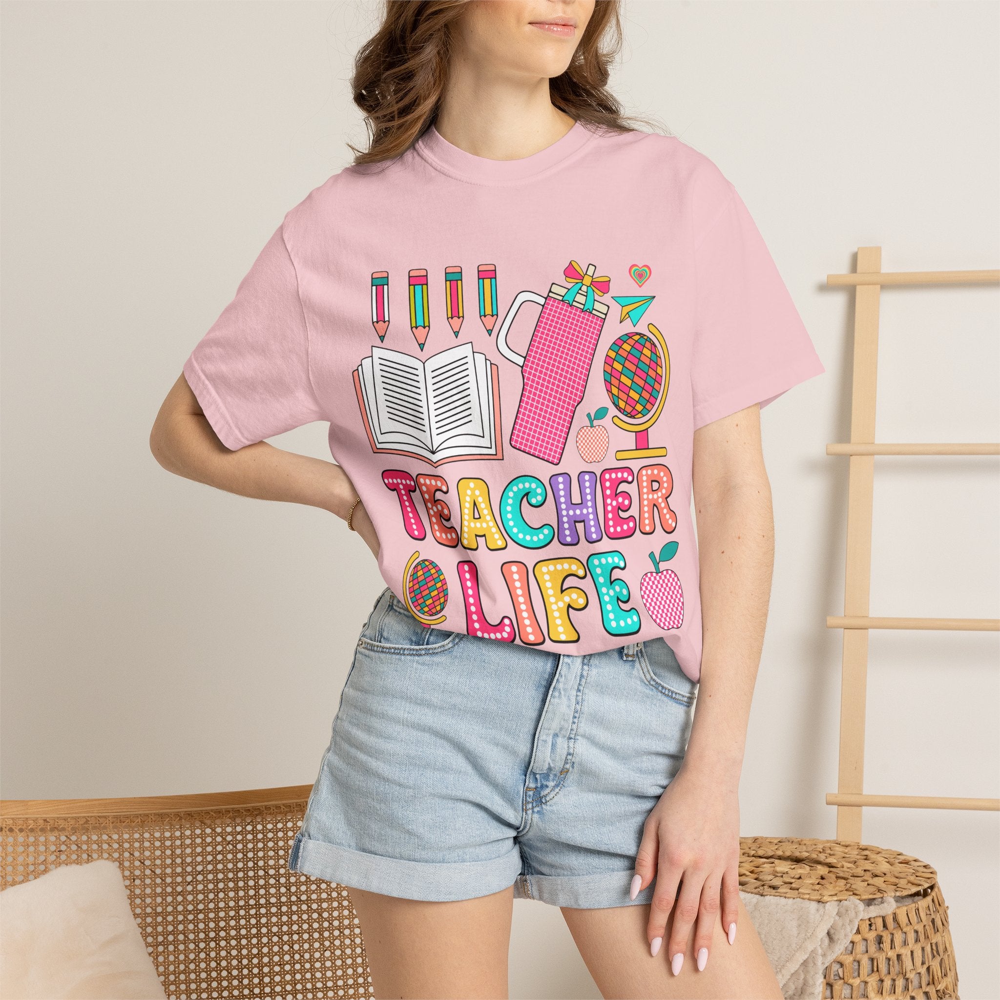 Teacher Life T-Shirt — Colorful School Supplies Graphic Tee