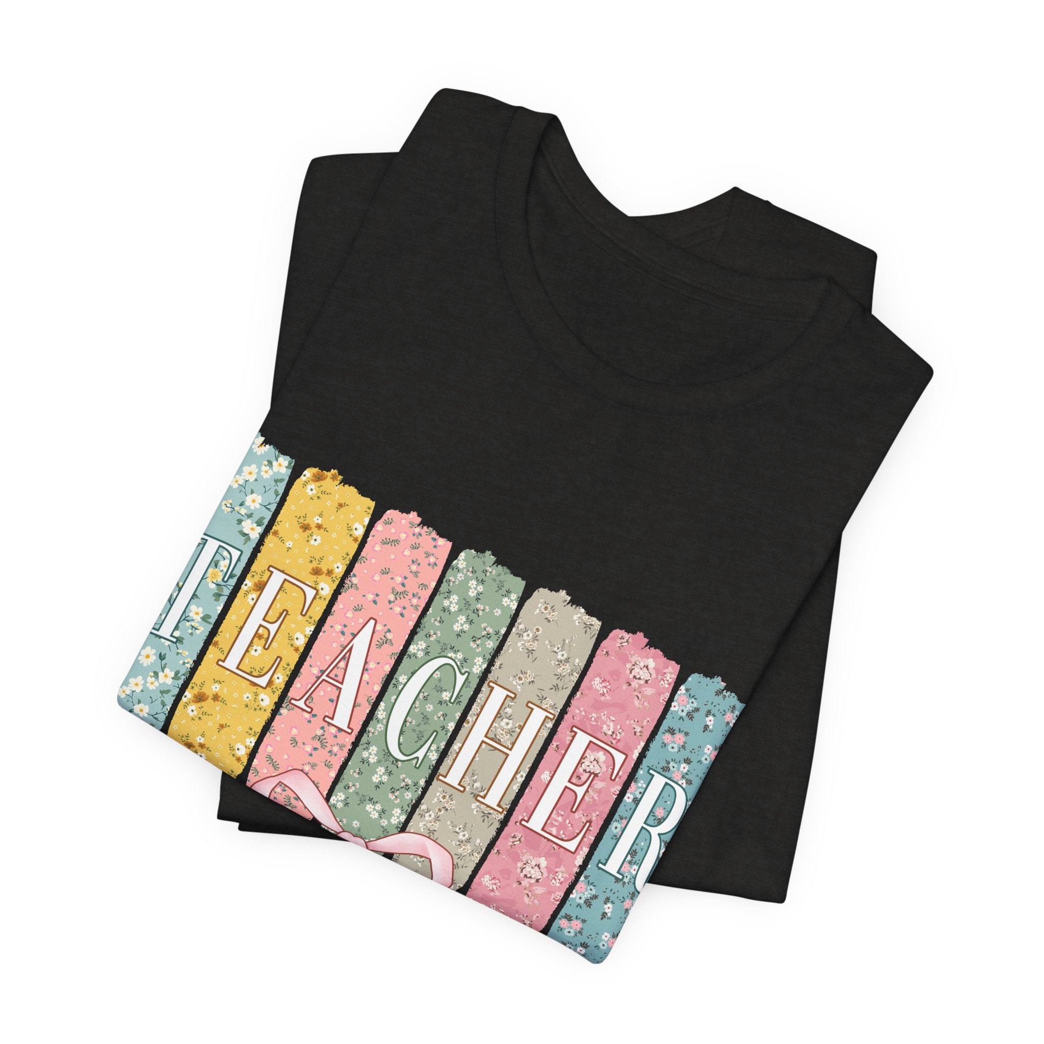 Teacher Floral Stripe T-Shirt - Pastel Ribbon Classroom Gift