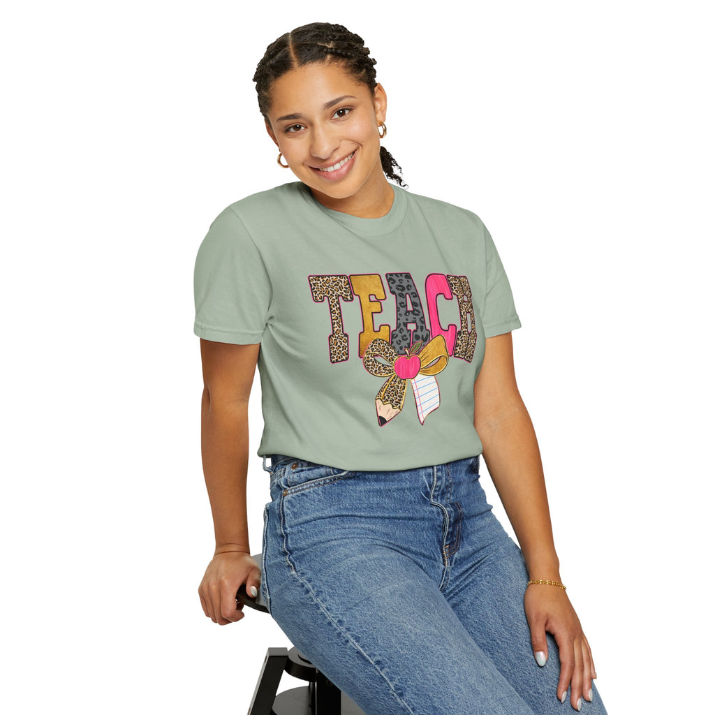 Teacher Graphic Tee — 'TEACH' Leopard Print Pencil Bow Design