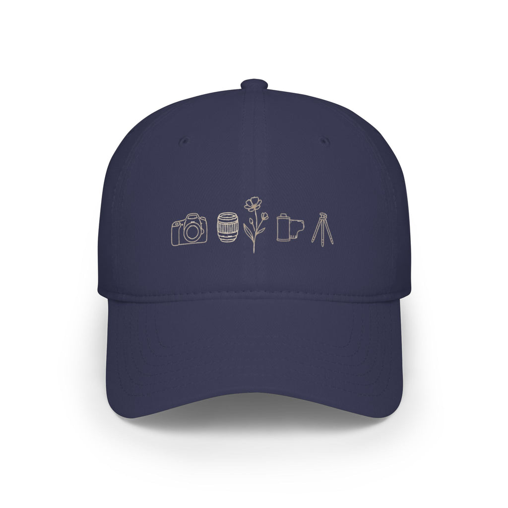 Photographer Icons Low Profile Baseball Cap — Camera, Lens, Tripod Design