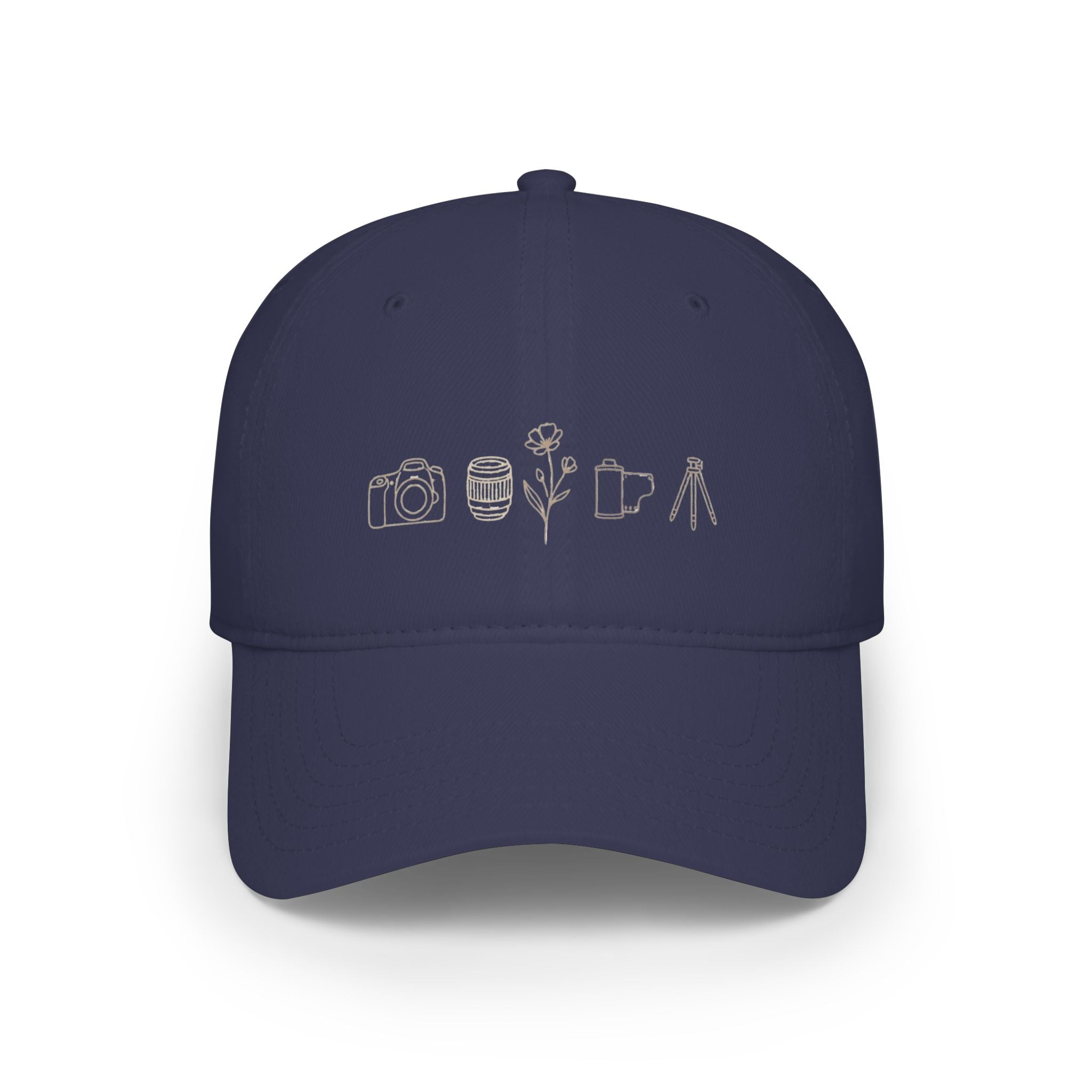 Photographer Icons Low Profile Baseball Cap — Camera, Lens, Tripod Design