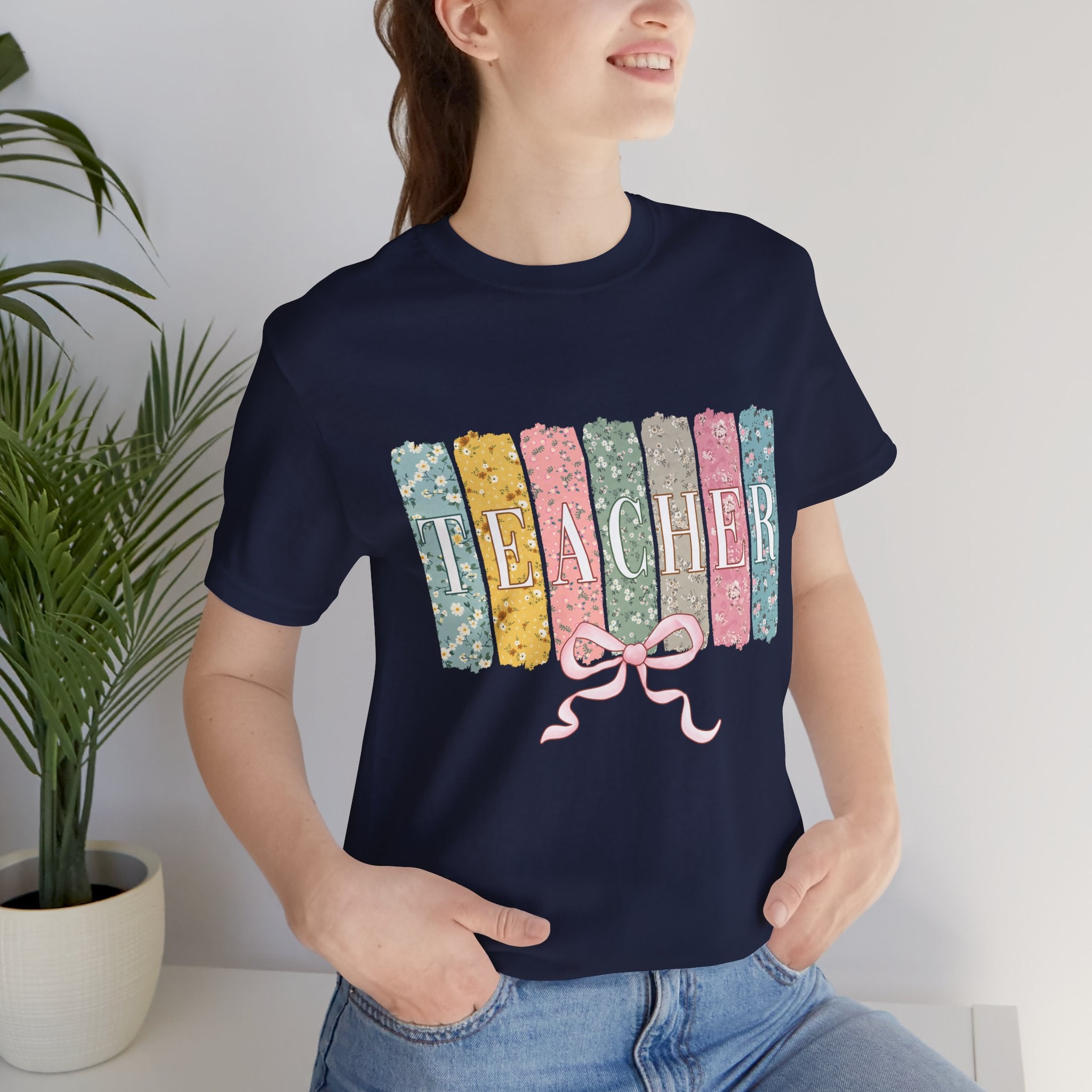 Teacher Floral Stripe T-Shirt - Pastel Ribbon Classroom Gift