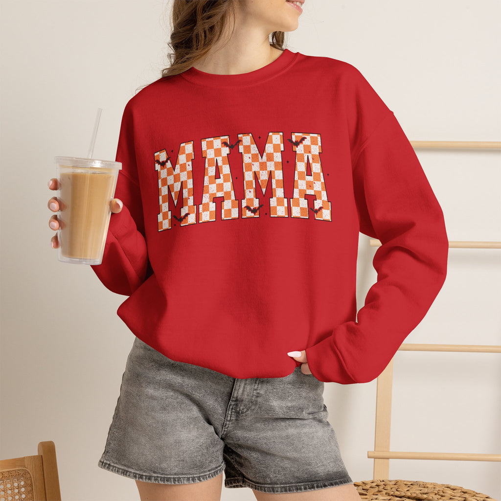 Mama Checkerboard Halloween Sweatshirt – Retro Orange Plaid Mama Pullover