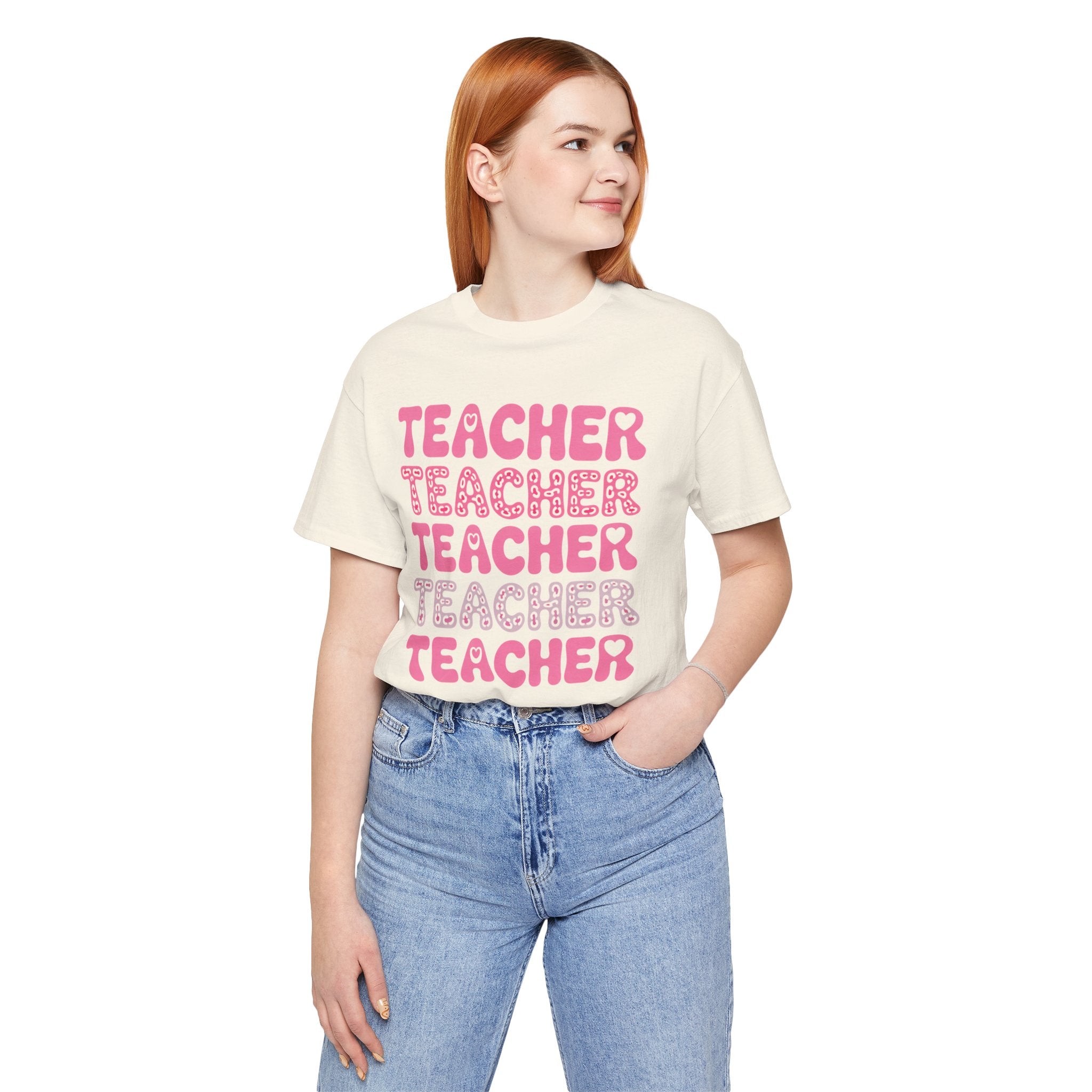 Teacher Repeating Pink Typography T‑Shirt