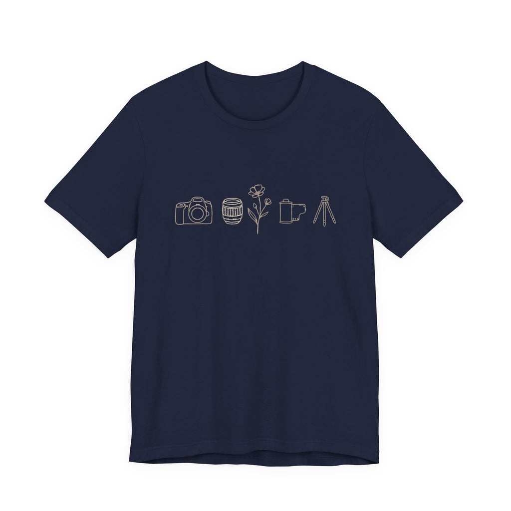 Photography Icons Tee — Minimal Camera, Film, Flower & Tripod Graphic Shirt