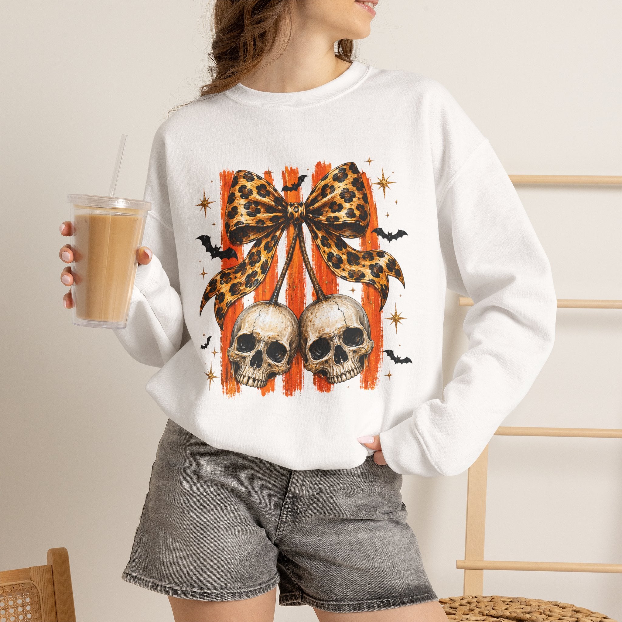 Skull Bow Sweatshirt — Leopard Bow Halloween Crewneck