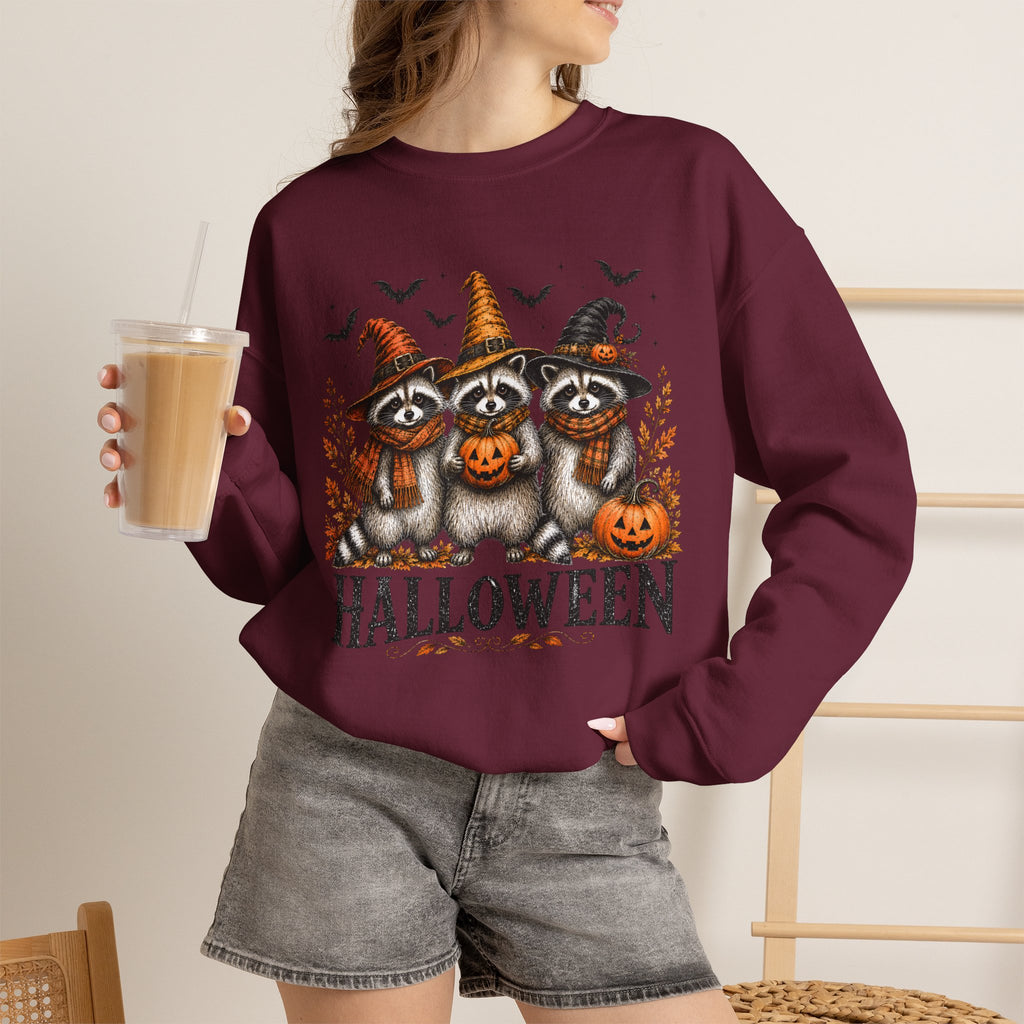 Halloween Raccoon Crewneck Sweatshirt — Cute Witch Hats & Pumpkin Design