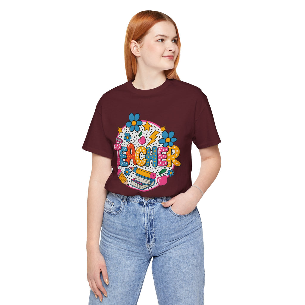 Teacher Doodle Graphic Tee — Colorful School Supplies Design