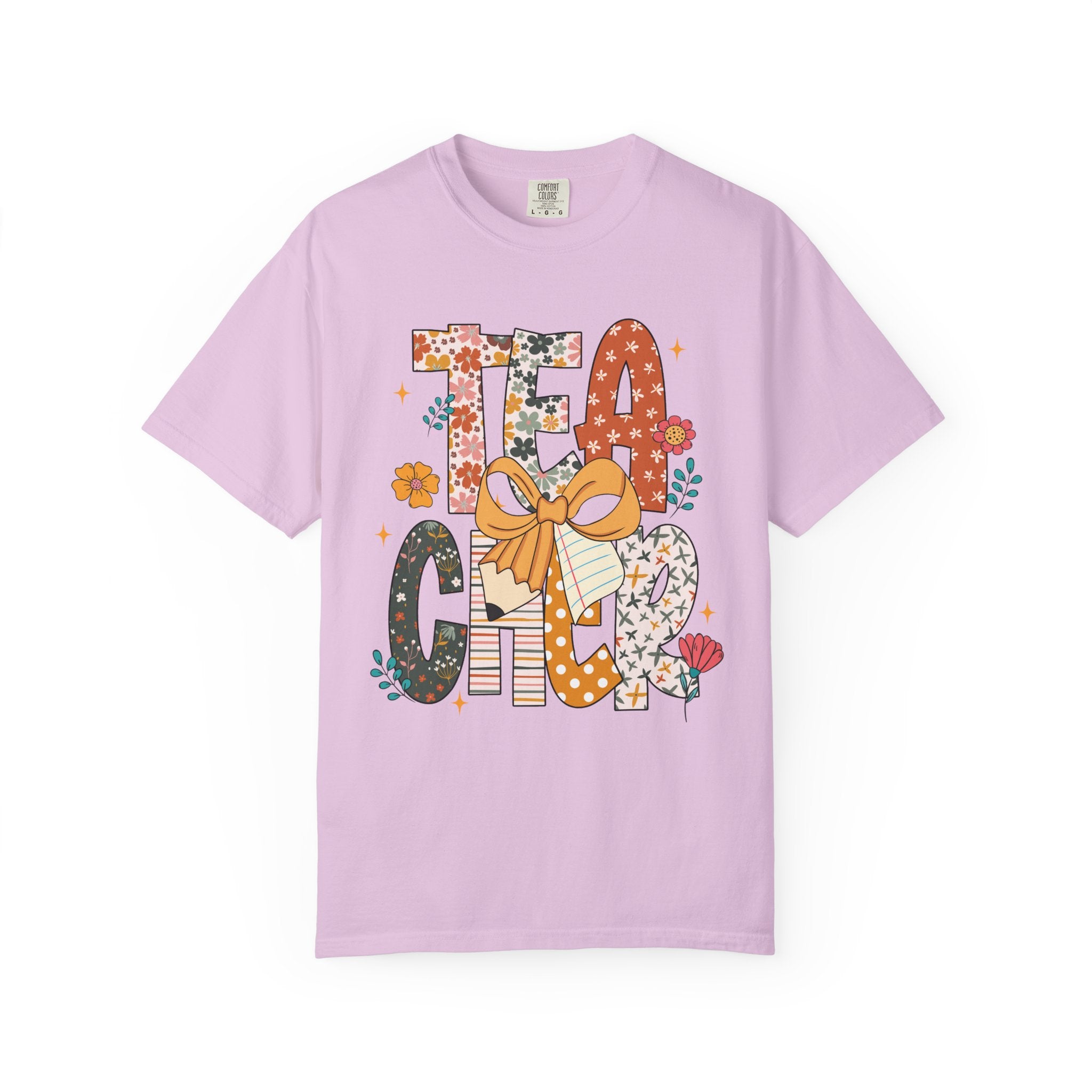 Teacher Graphic T-Shirt — Floral "Teacher" Design with Ribbon