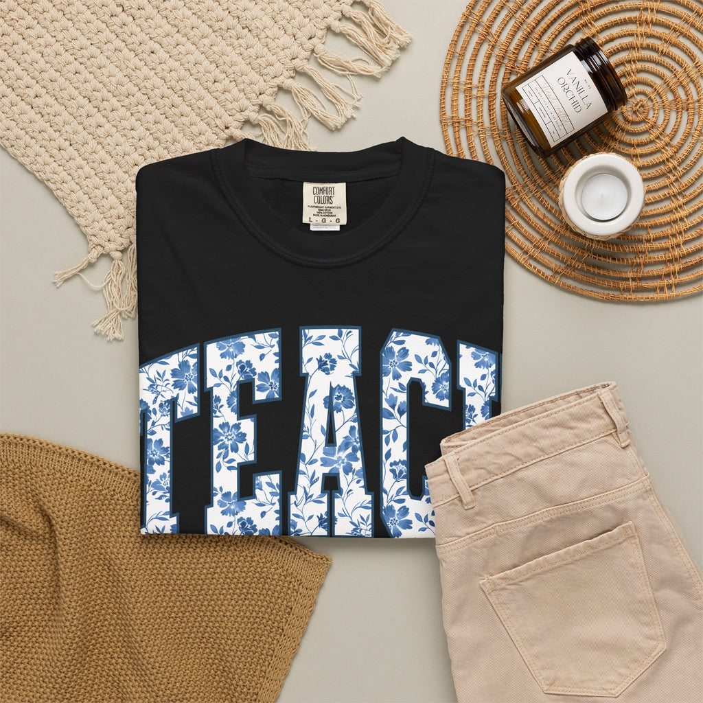Teacher Floral Arch T-Shirt — 'TEACH' Blue Floral Print Tee