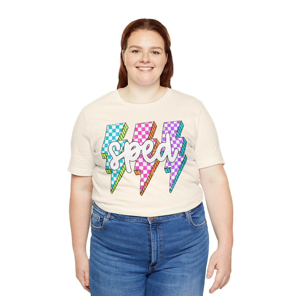 Speed Lightning Tee — Retro Checkerboard Bolt Graphic T-Shirt