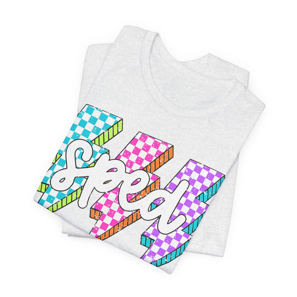 Speed Lightning Tee — Retro Checkerboard Bolt Graphic T-Shirt