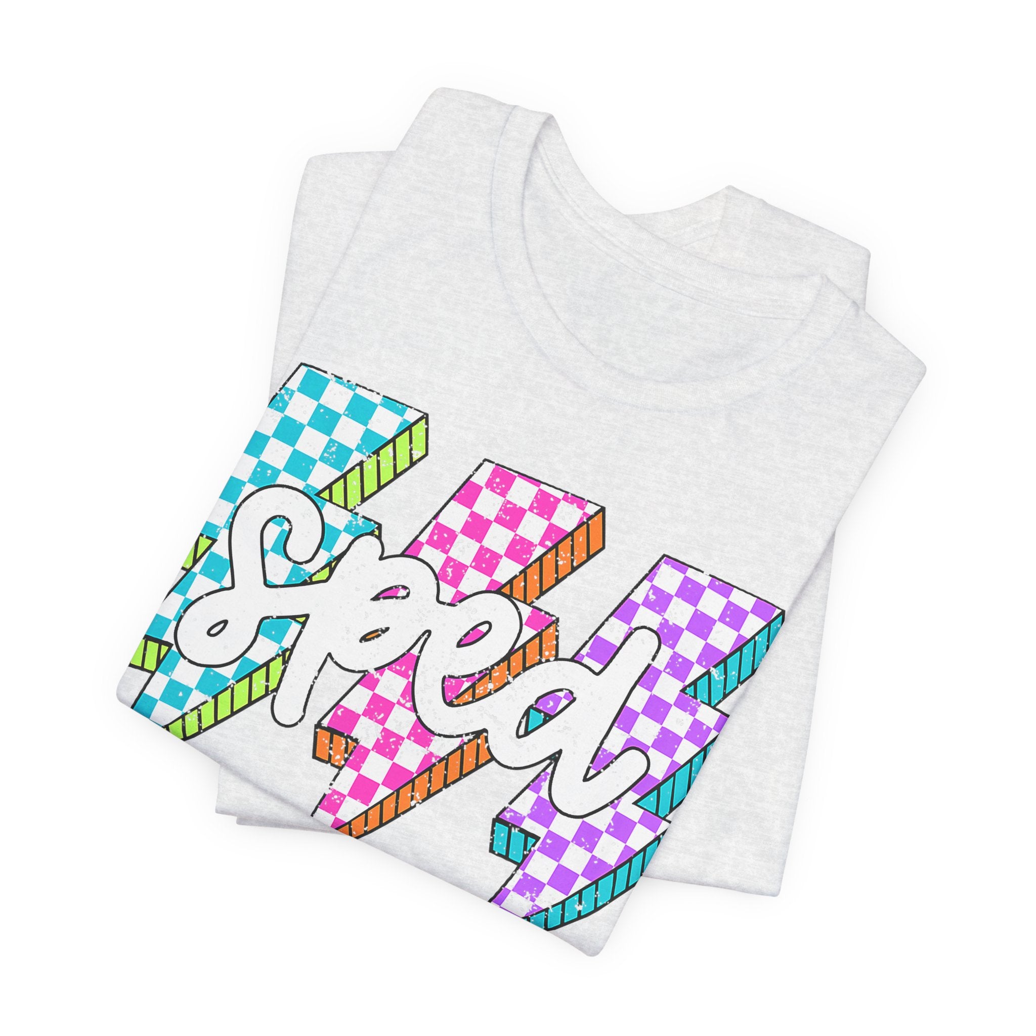 Speed Lightning Tee — Retro Checkerboard Bolt Graphic T-Shirt