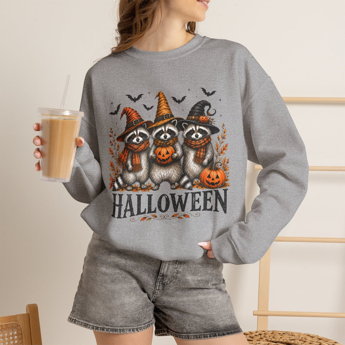 Halloween Raccoon Crewneck Sweatshirt — Cute Witch Hats & Pumpkin Design