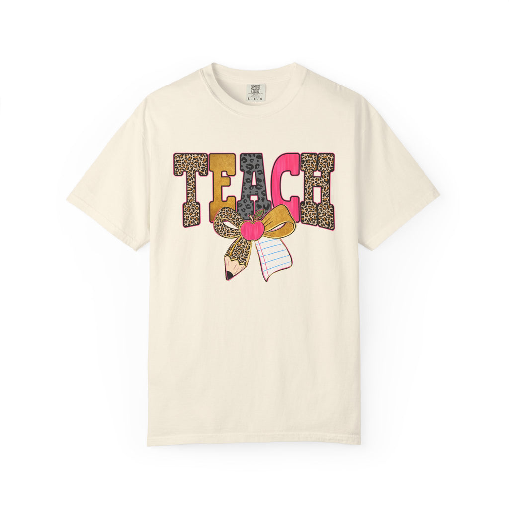 Teacher Graphic Tee — 'TEACH' Leopard Print Pencil Bow Design