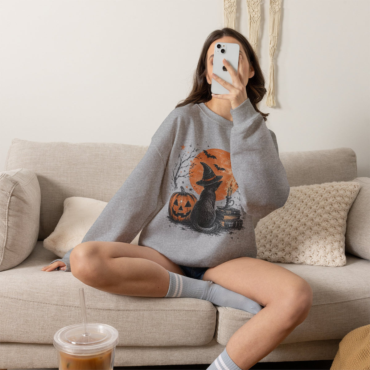 Crewneck Sweatshirt — Halloween Cat Witch Moon Graphic