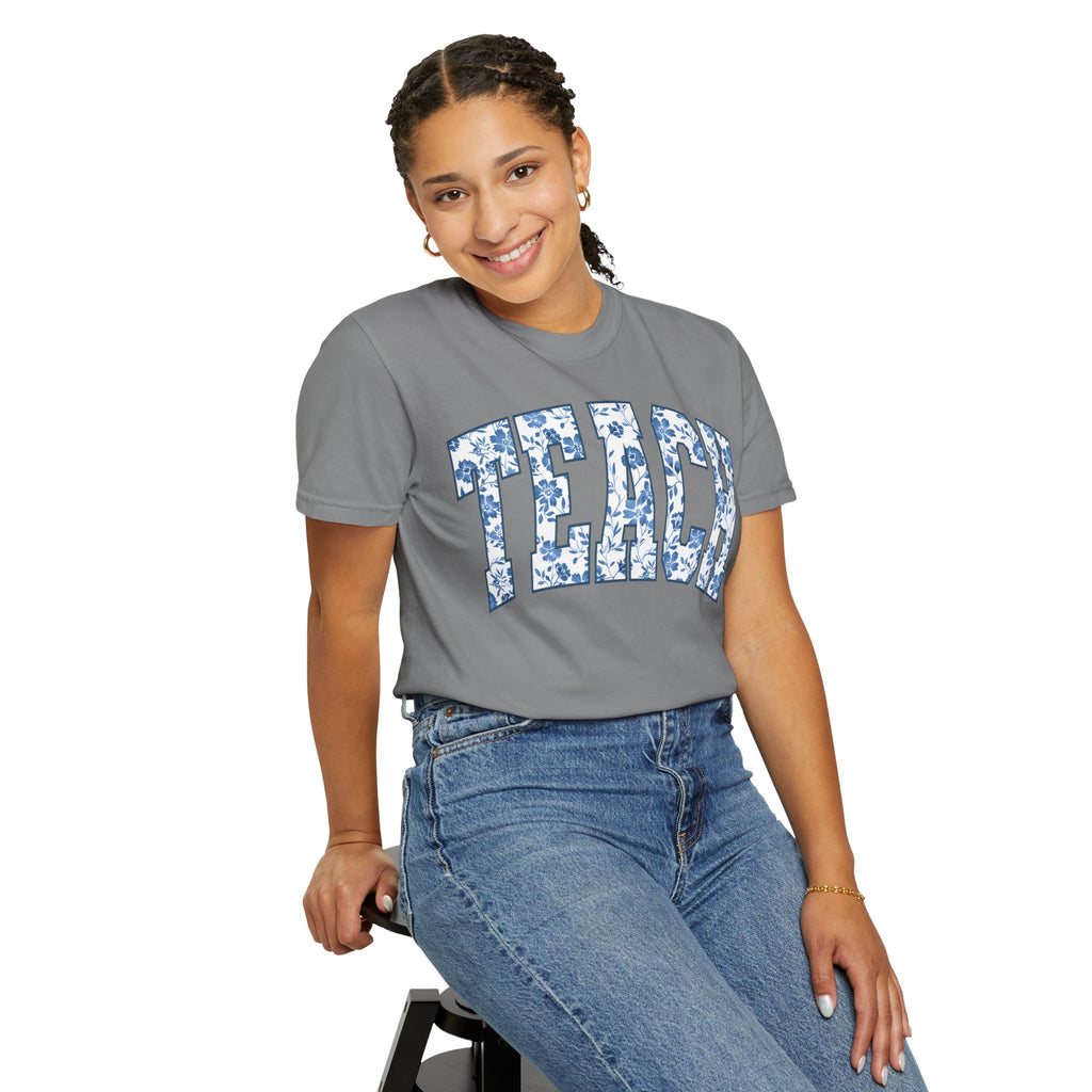 Teacher Floral Arch T-Shirt — 'TEACH' Blue Floral Print Tee