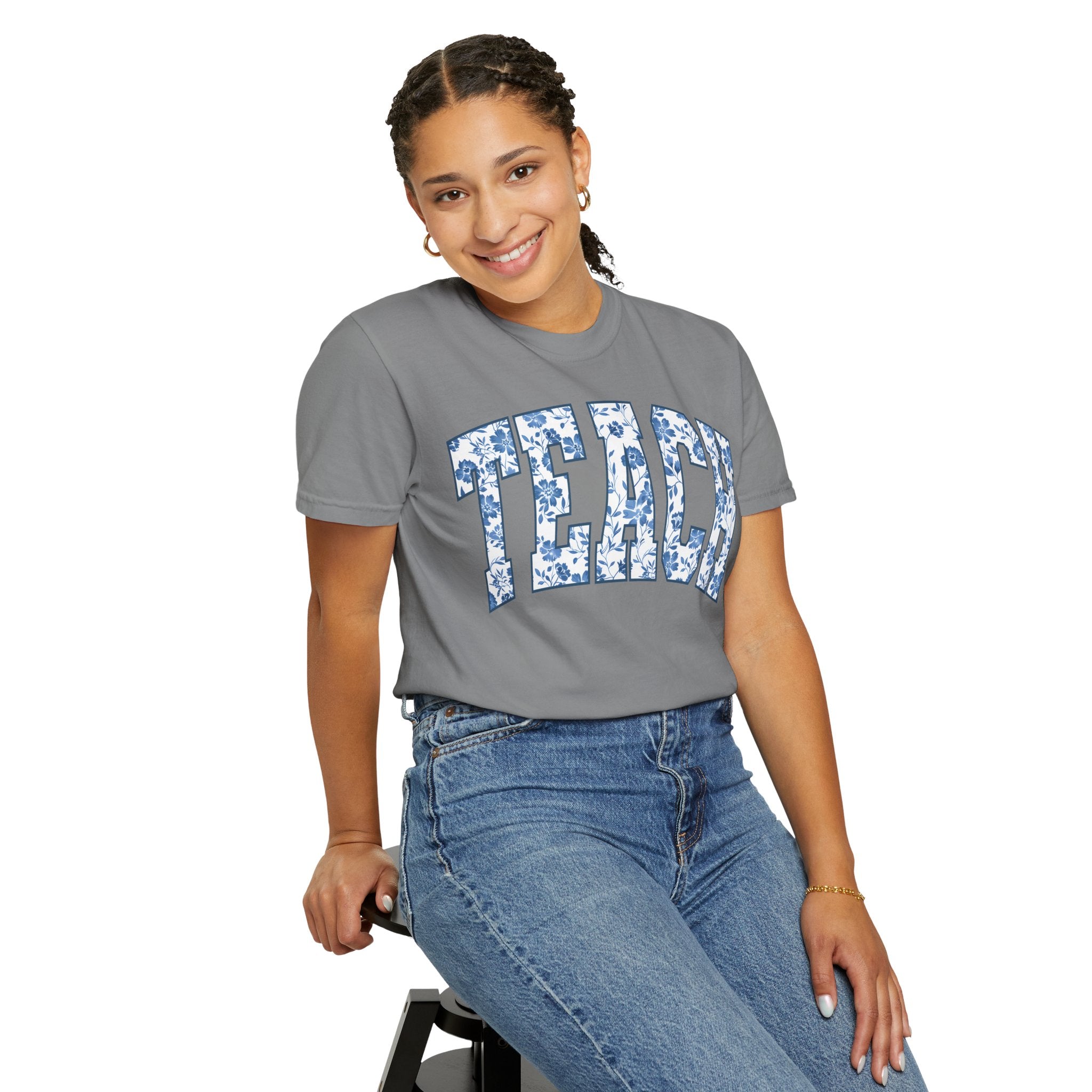Teacher Floral Arch T-Shirt — 'TEACH' Blue Floral Print Tee