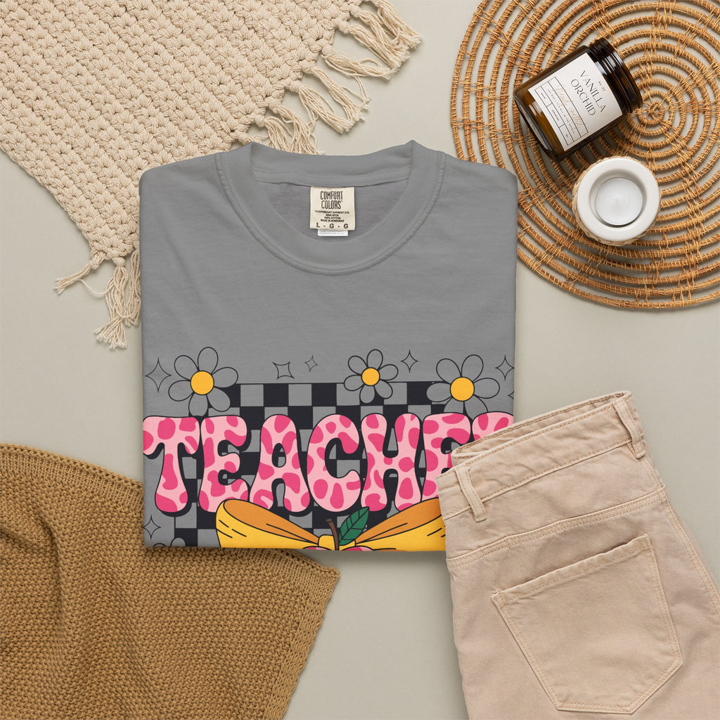 Teacher Floral Bow T‑Shirt — Cute Checkerboard & Heart Design for Educators