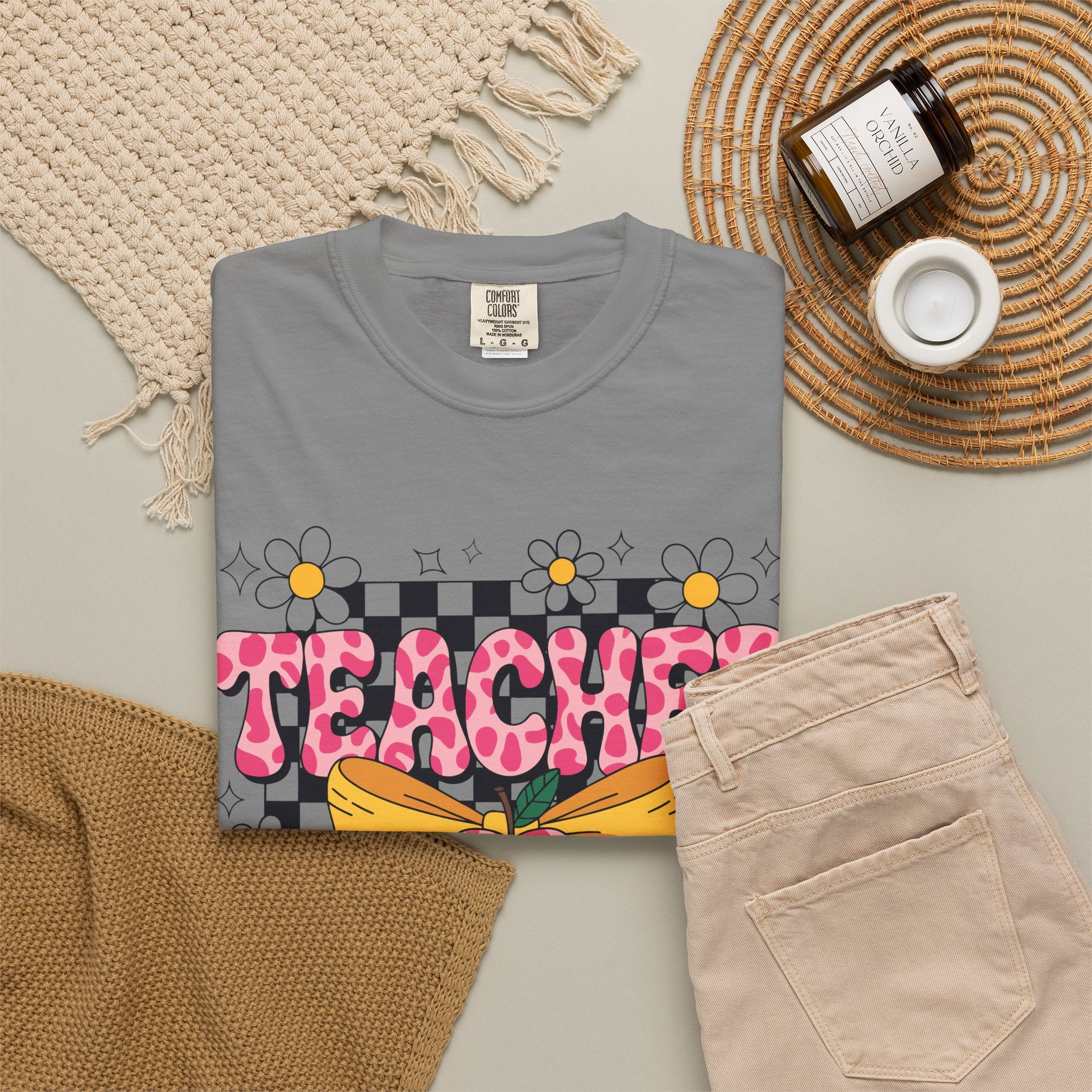 Teacher Floral Bow T‑Shirt — Cute Checkerboard & Heart Design for Educators