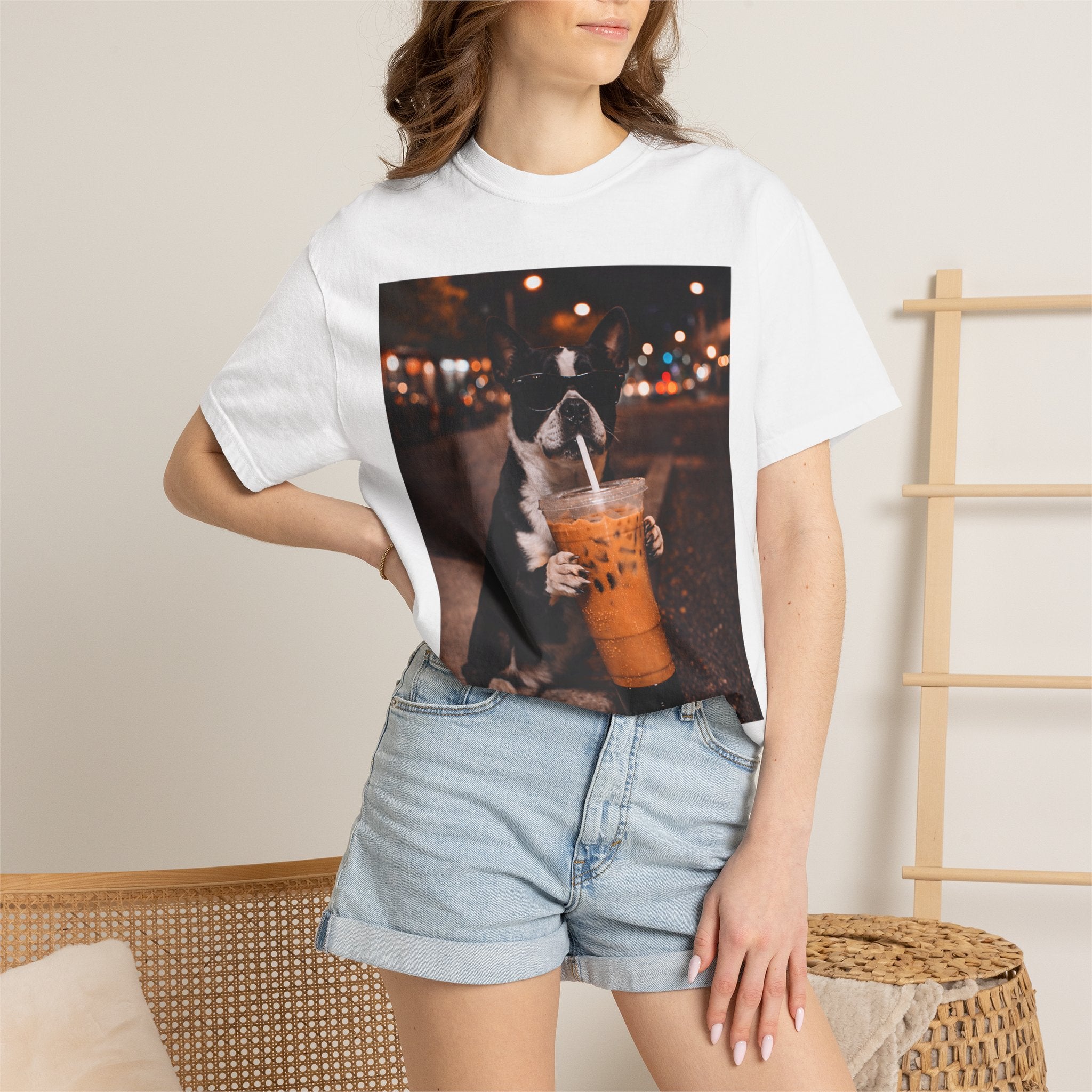 Boston Terrier Sipping Iced Coffee T-Shirt — Cute Dog Photo Tee