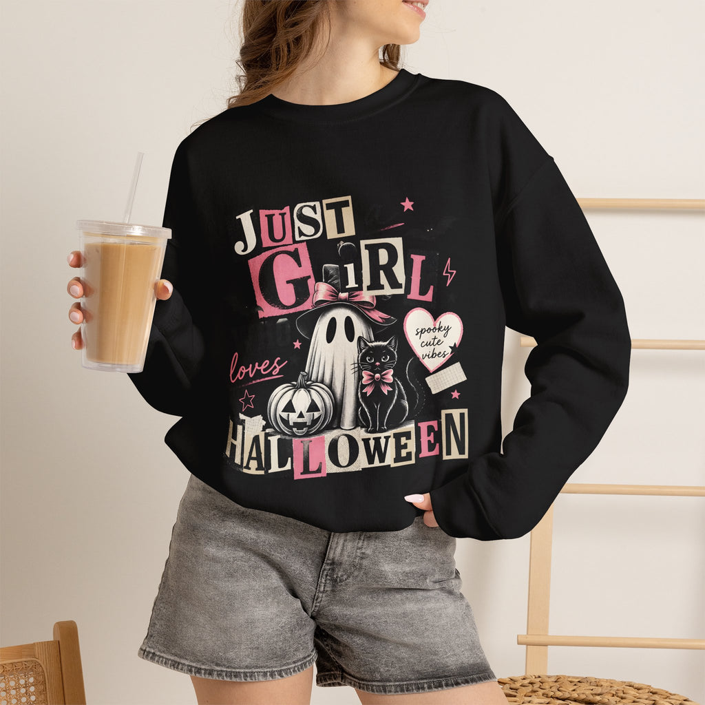 Halloween Sweatshirt — "Just a Girl Who Loves Halloween" Cute Ghost & Pumpkin Crewneck
