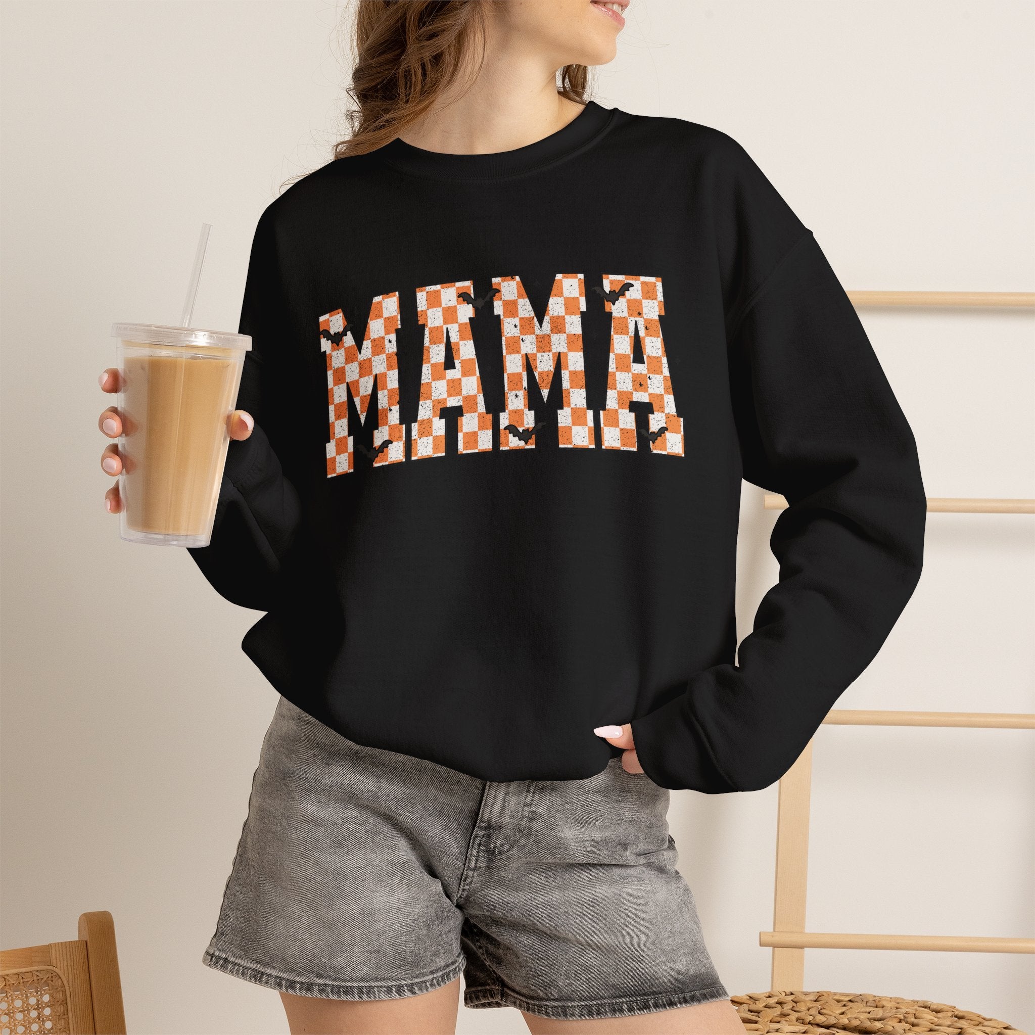 Mama Checkerboard Halloween Sweatshirt – Retro Orange Plaid Mama Pullover