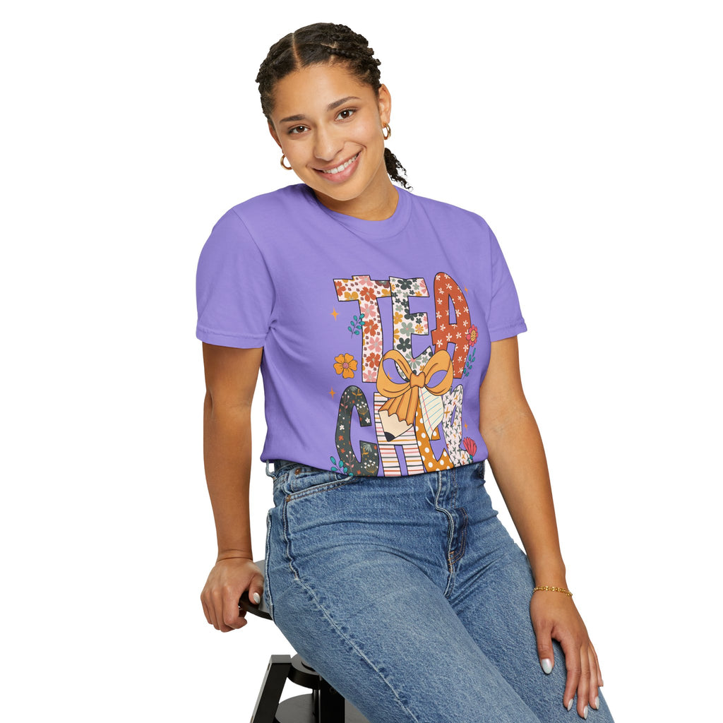 Teacher Graphic T-Shirt — Floral "Teacher" Design with Ribbon