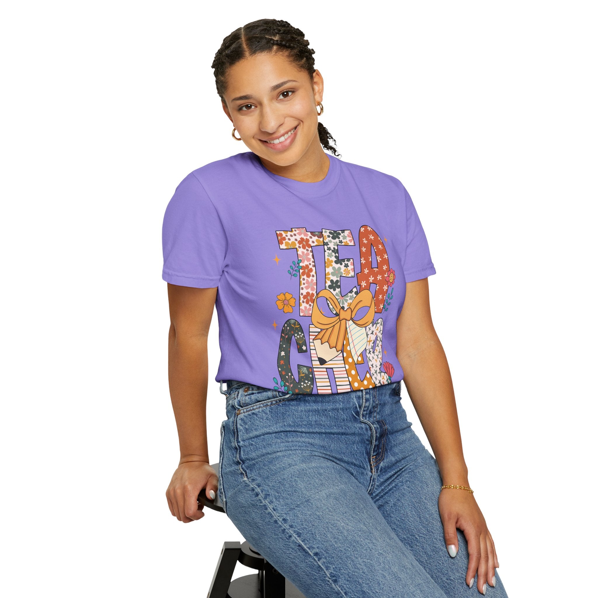 Teacher Graphic T-Shirt — Floral "Teacher" Design with Ribbon