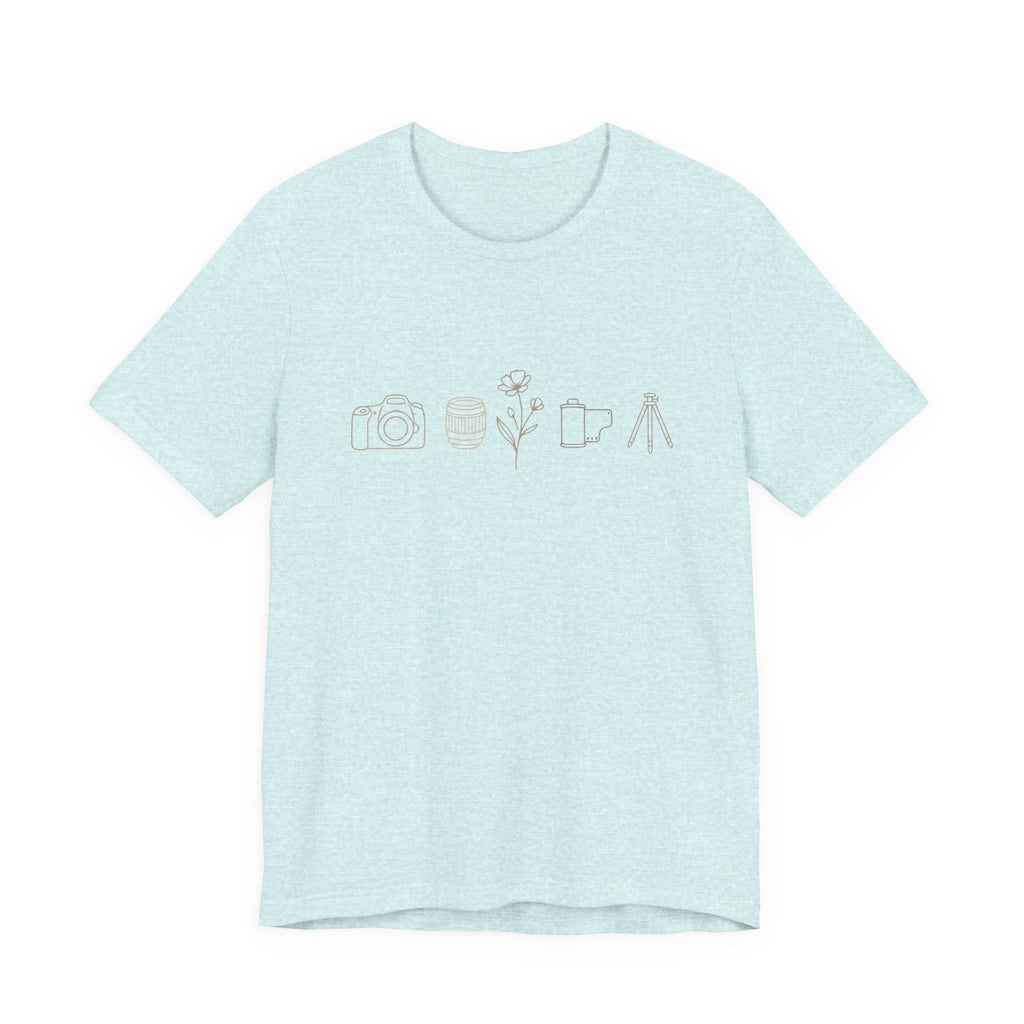 Photography Icons Tee — Minimal Camera, Film, Flower & Tripod Graphic Shirt