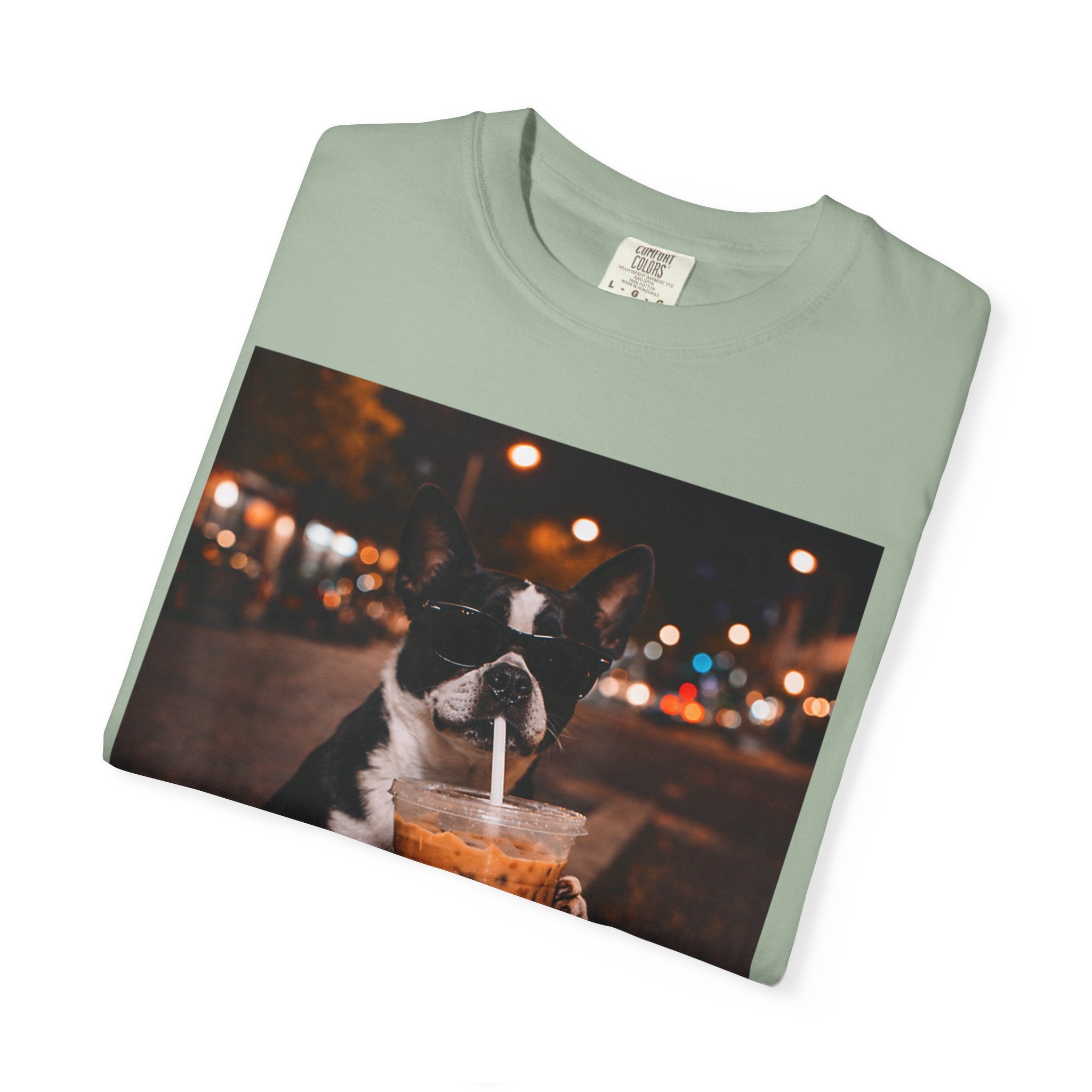 Boston Terrier Sipping Iced Coffee T-Shirt — Cute Dog Photo Tee
