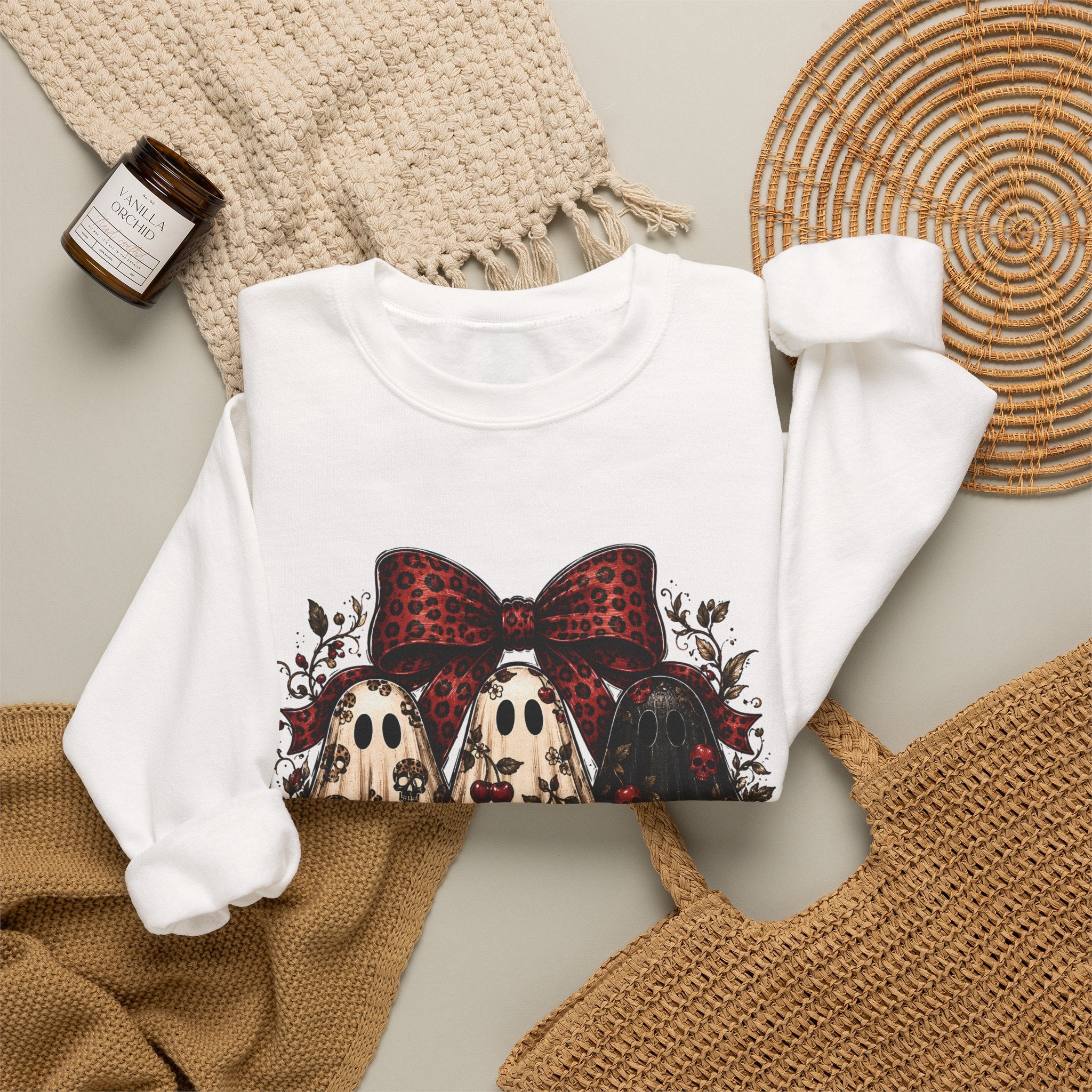 Ghost Trio Floral Crewneck Sweatshirt – Leopard Bow Halloween Pullover