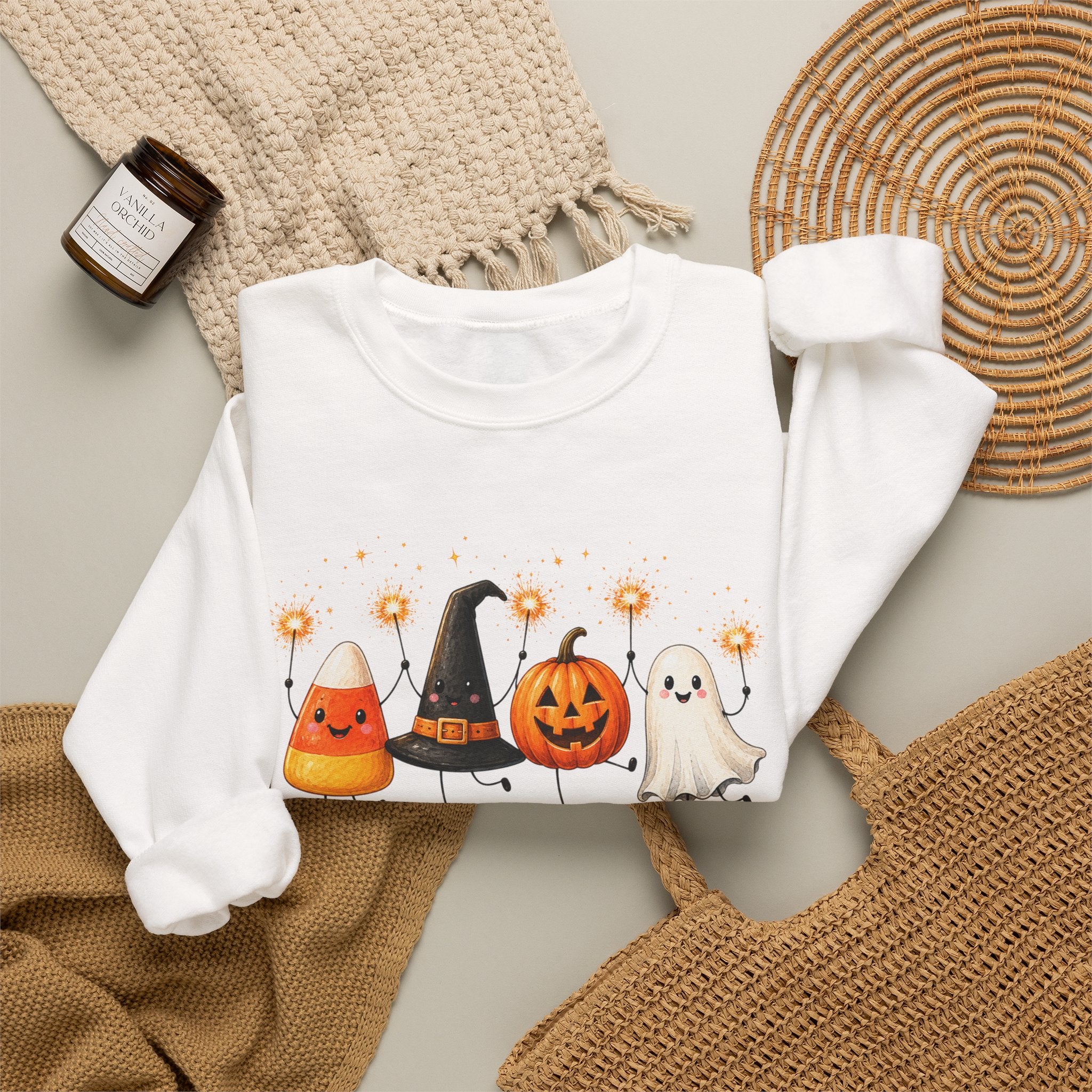 Halloween Friends Crewneck Sweatshirt — Cute Candy Corn, Witch Hat, Jack-o'-Lantern & Ghost Design