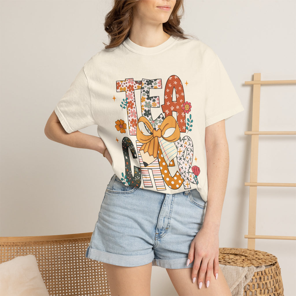 Teacher Graphic T-Shirt — Floral "Teacher" Design with Ribbon
