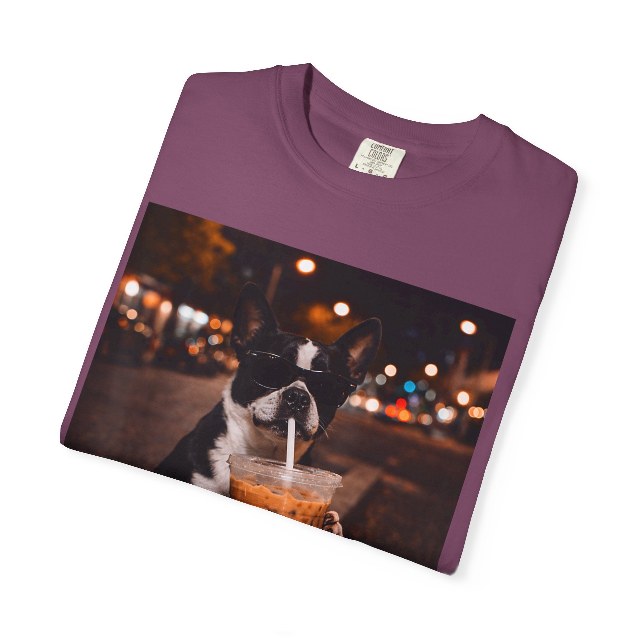 Boston Terrier Sipping Iced Coffee T-Shirt — Cute Dog Photo Tee