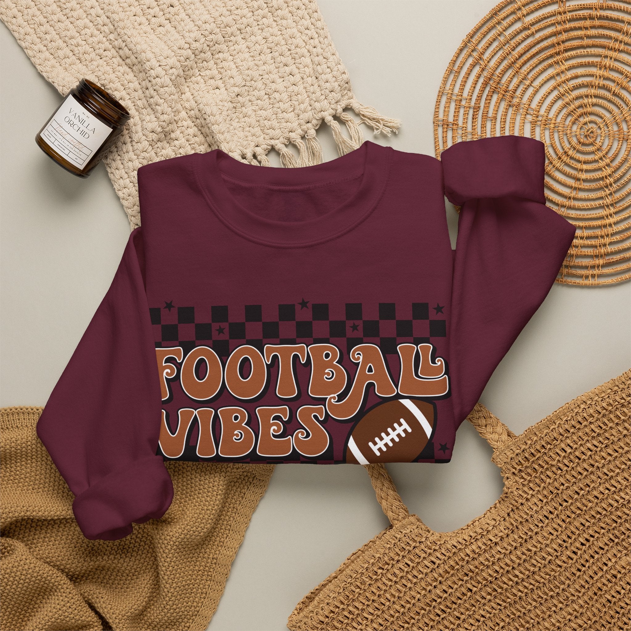 Football Vibes Crewneck Sweatshirt — Retro Checkerboard Football Graphic