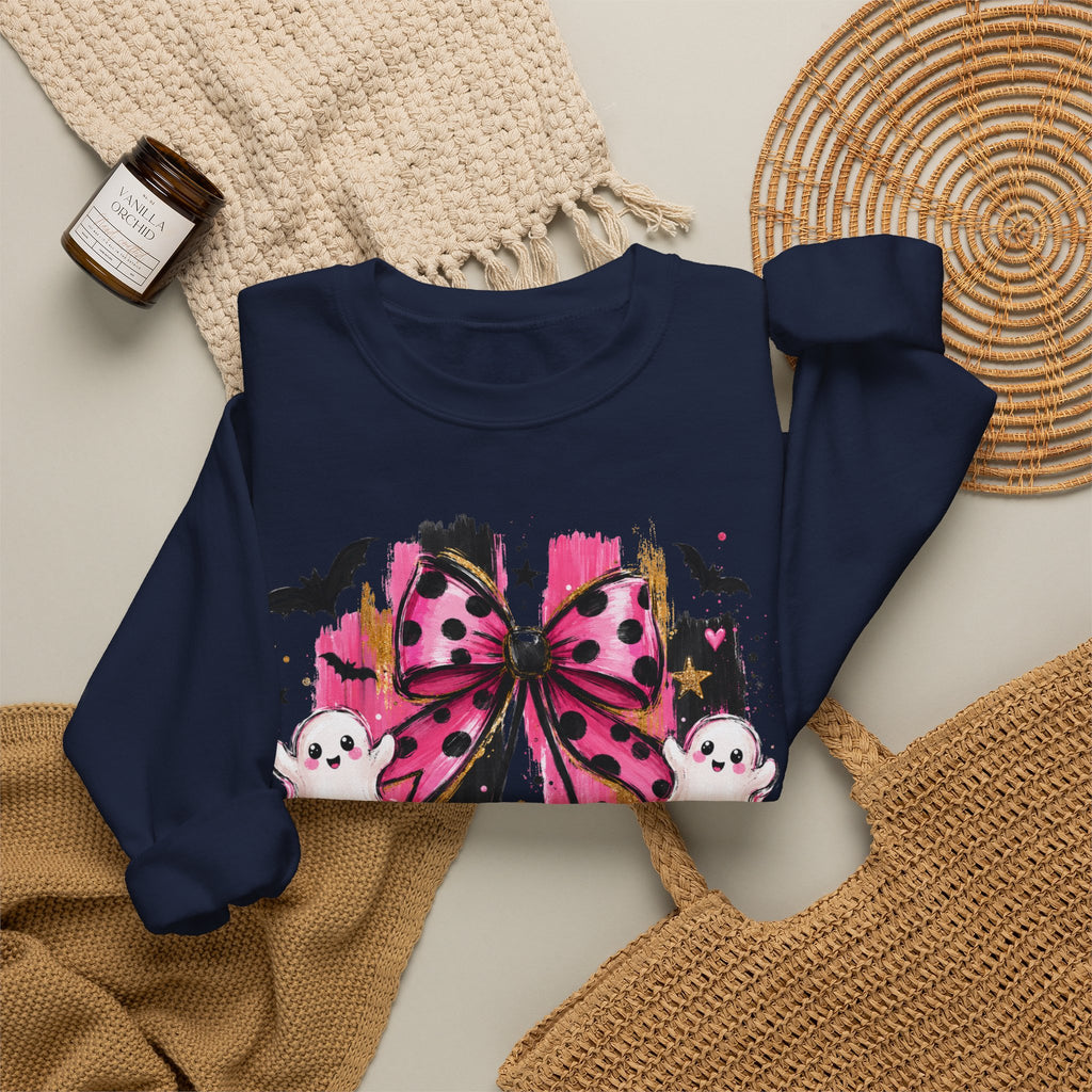 Halloween Pink Pumpkins Crewneck Sweatshirt — Cute Ghosts & Polka Dot Bow Design