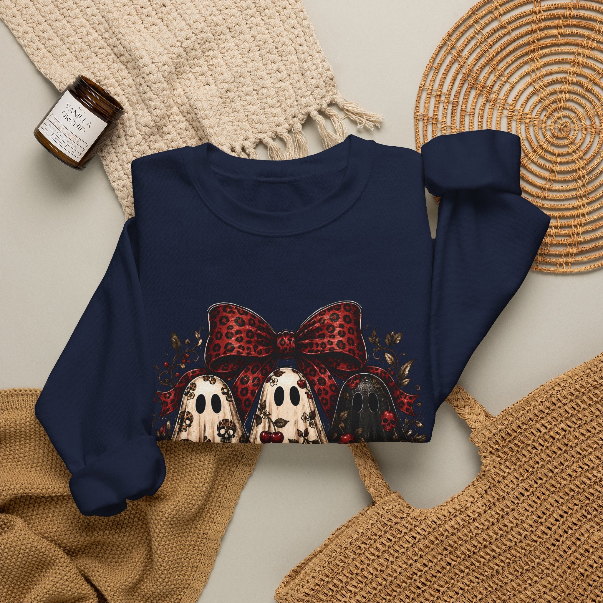 Ghost Trio Floral Crewneck Sweatshirt – Leopard Bow Halloween Pullover