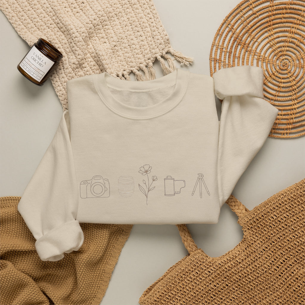 Photography Icons Crewneck Sweatshirt — Minimal Camera, Lens, Film & Tripod Design