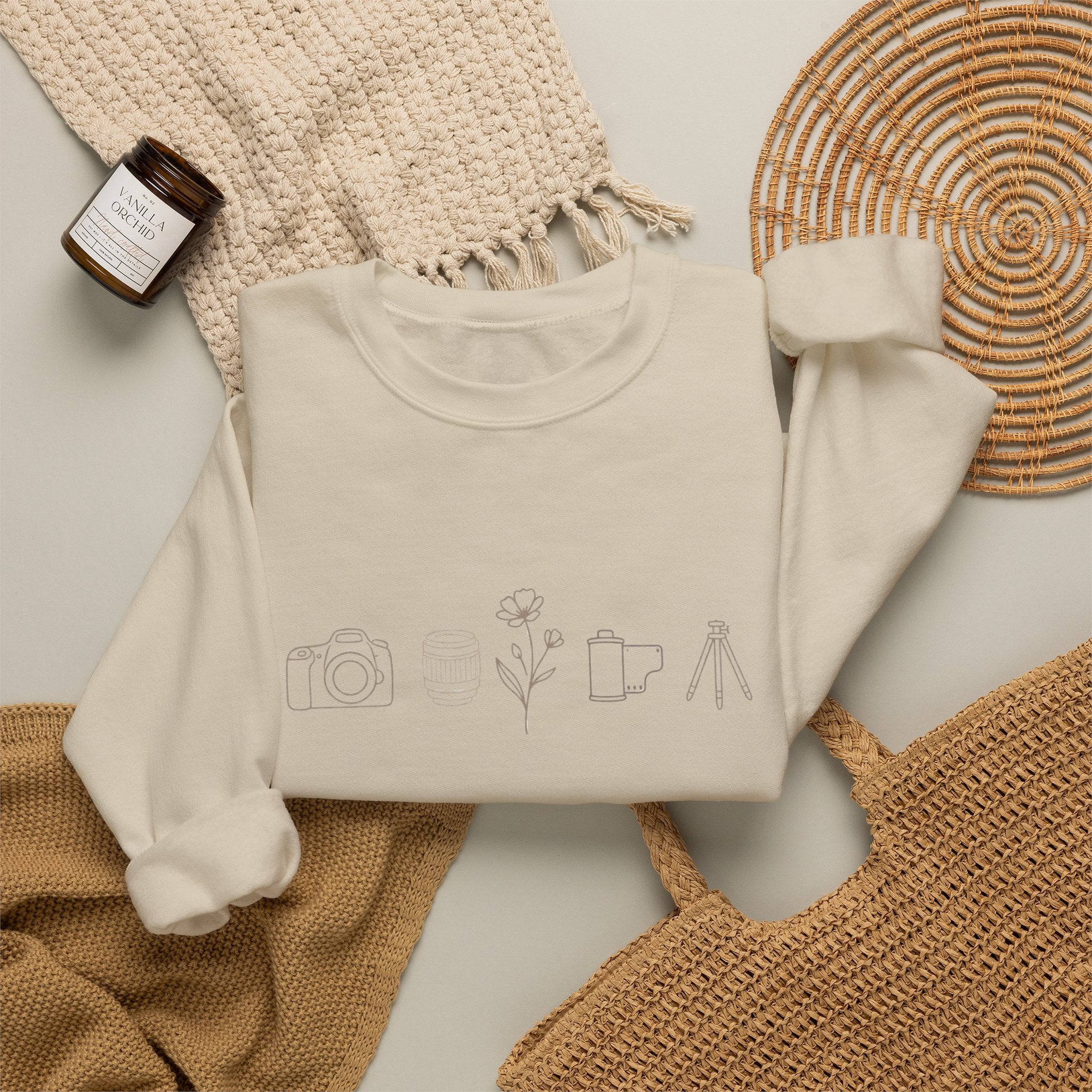 Photography Icons Crewneck Sweatshirt — Minimal Camera, Lens, Film & Tripod Design