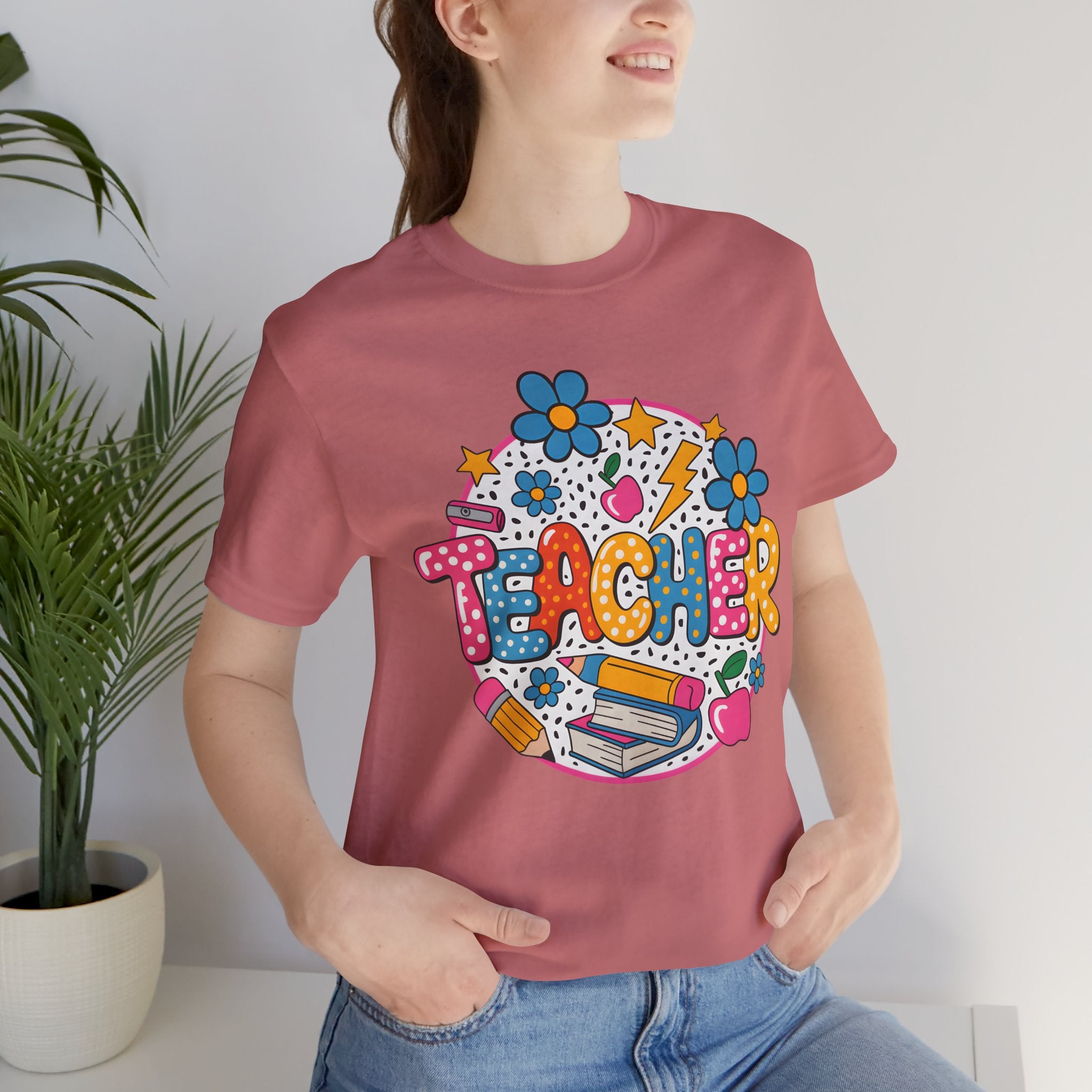 Teacher Doodle Graphic Tee — Colorful School Supplies Design