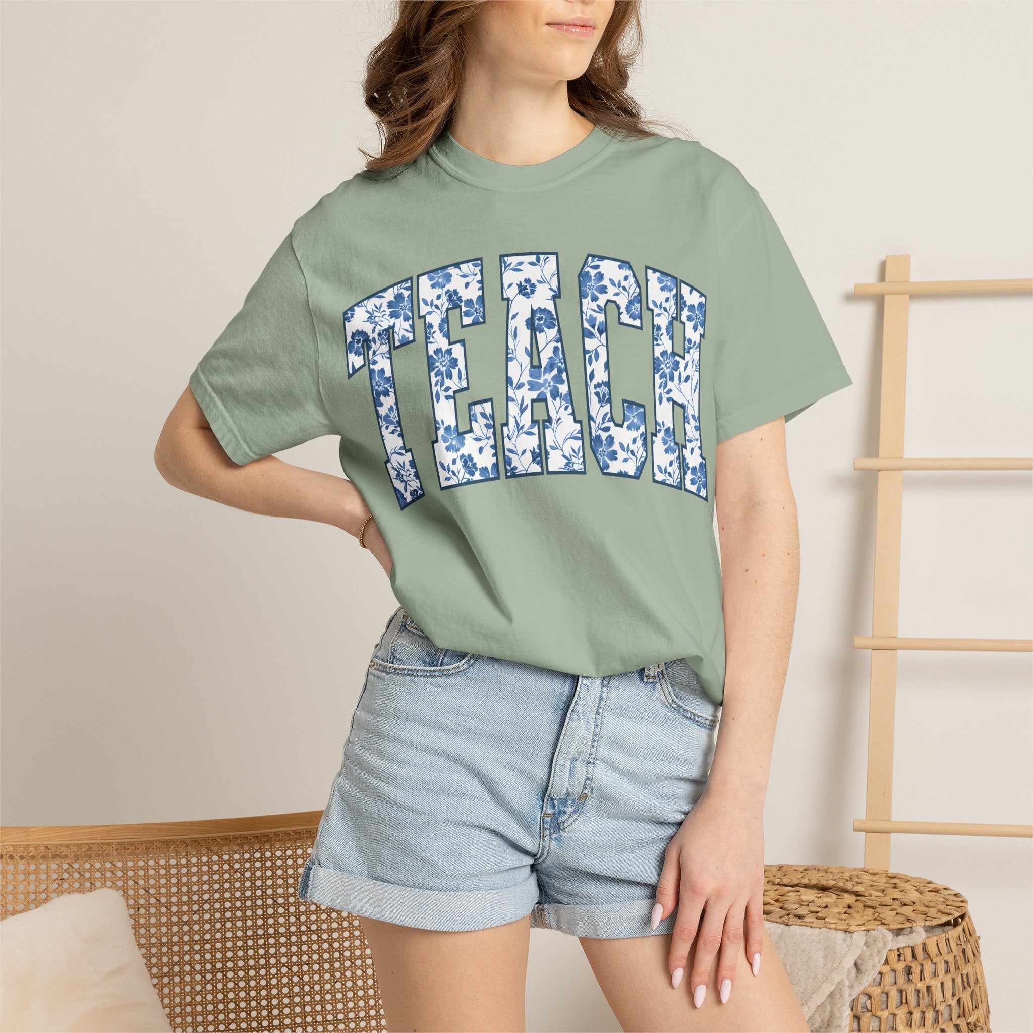 Teacher Floral Arch T-Shirt — 'TEACH' Blue Floral Print Tee