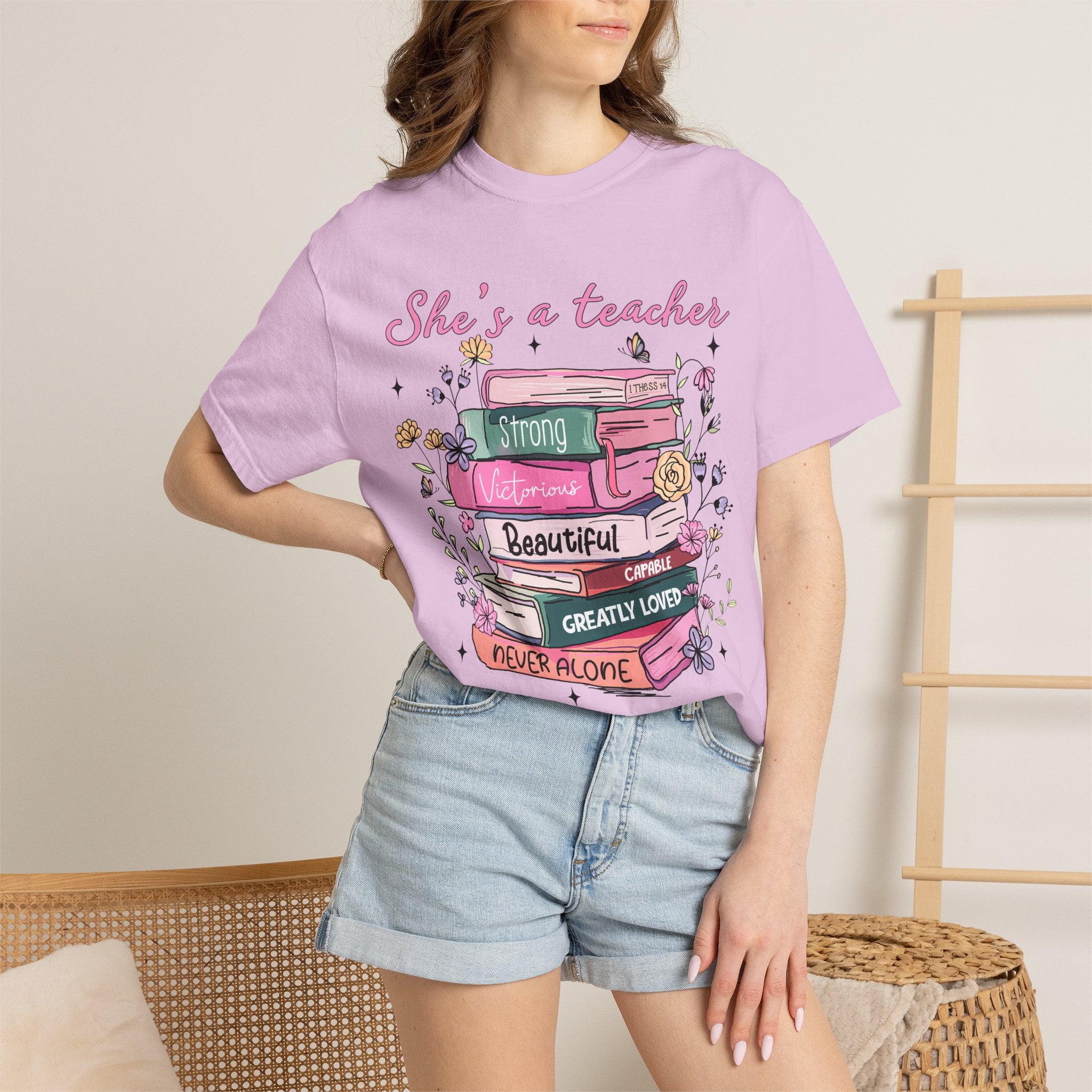 Teacher Appreciation T-Shirt — "She's a Teacher" Floral Stack Design