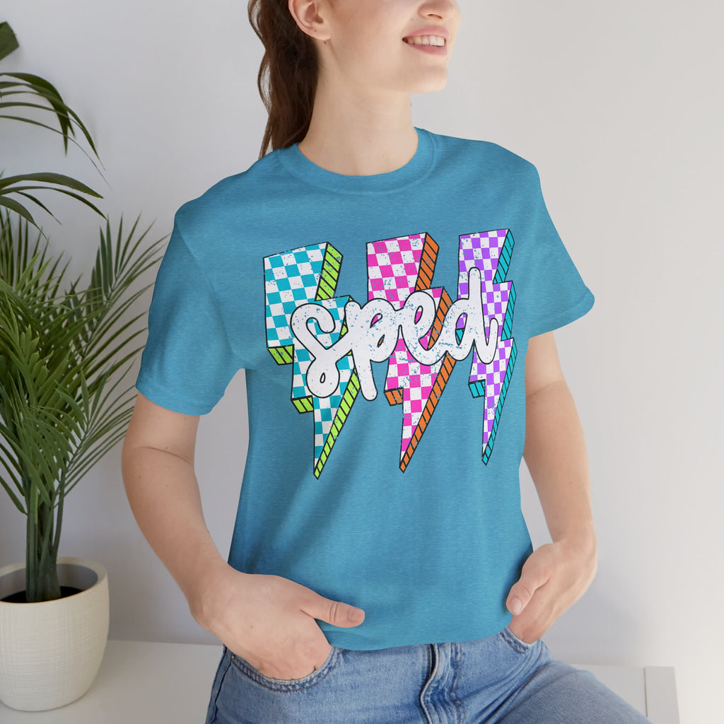 Speed Lightning Tee — Retro Checkerboard Bolt Graphic T-Shirt