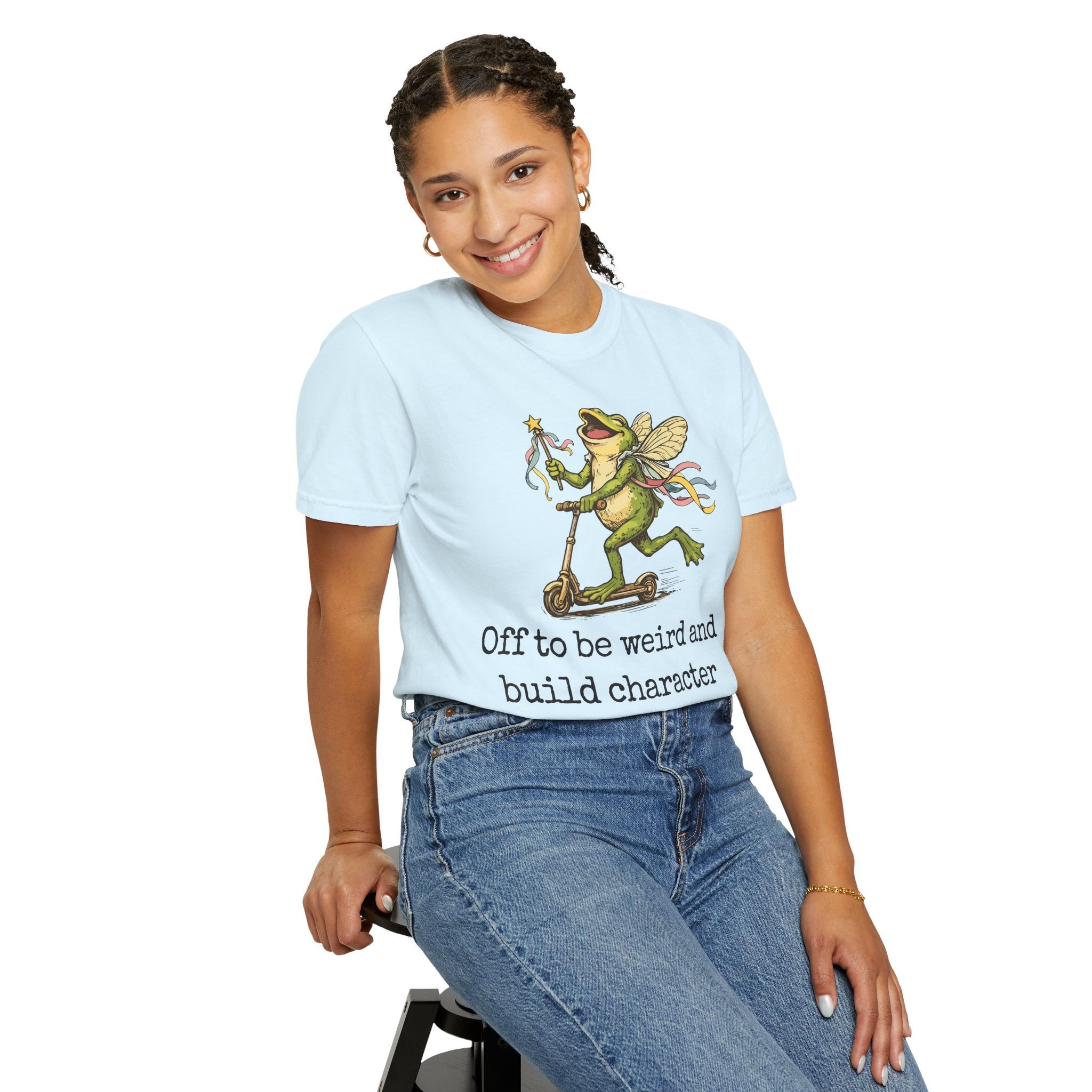 Frog Fairy T-Shirt — "Off to be weird and build character" Cute Whimsical Graphic Tee