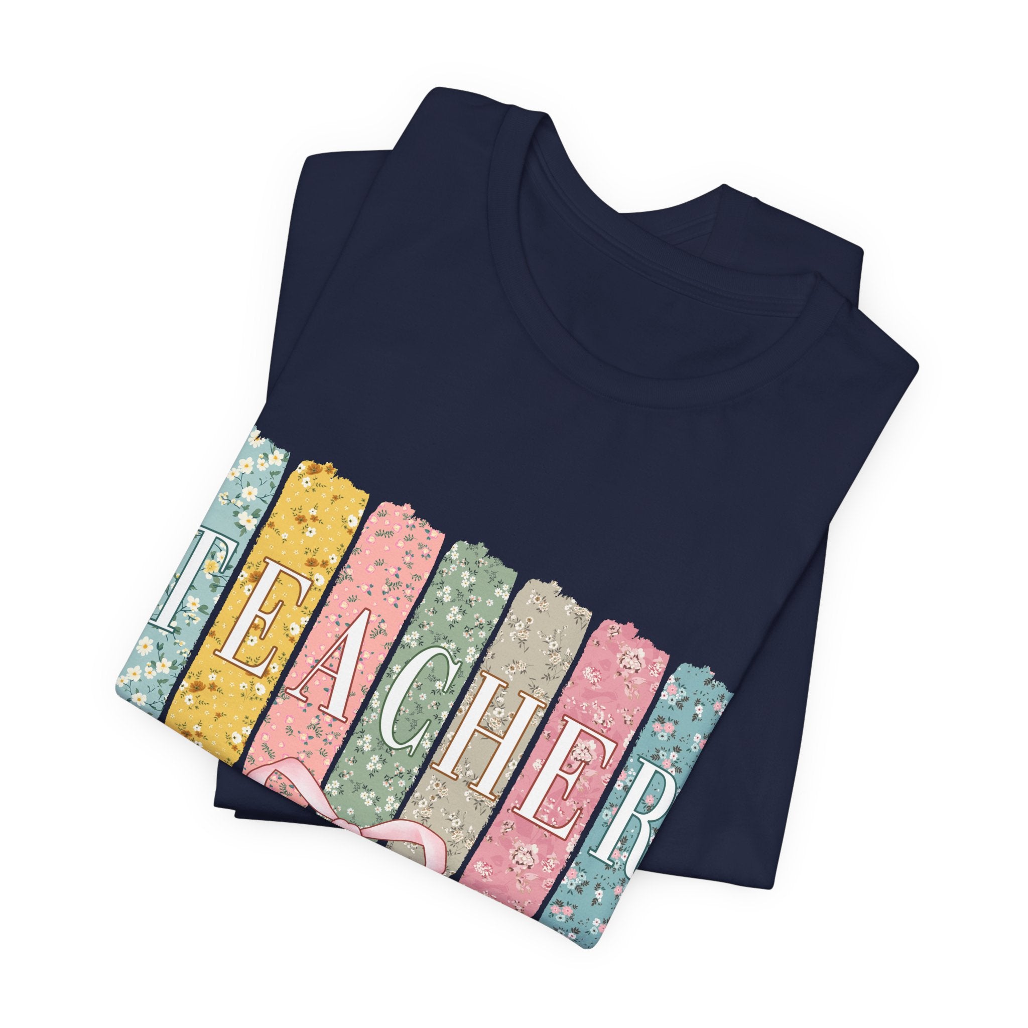 Teacher Floral Stripe T-Shirt - Pastel Ribbon Classroom Gift