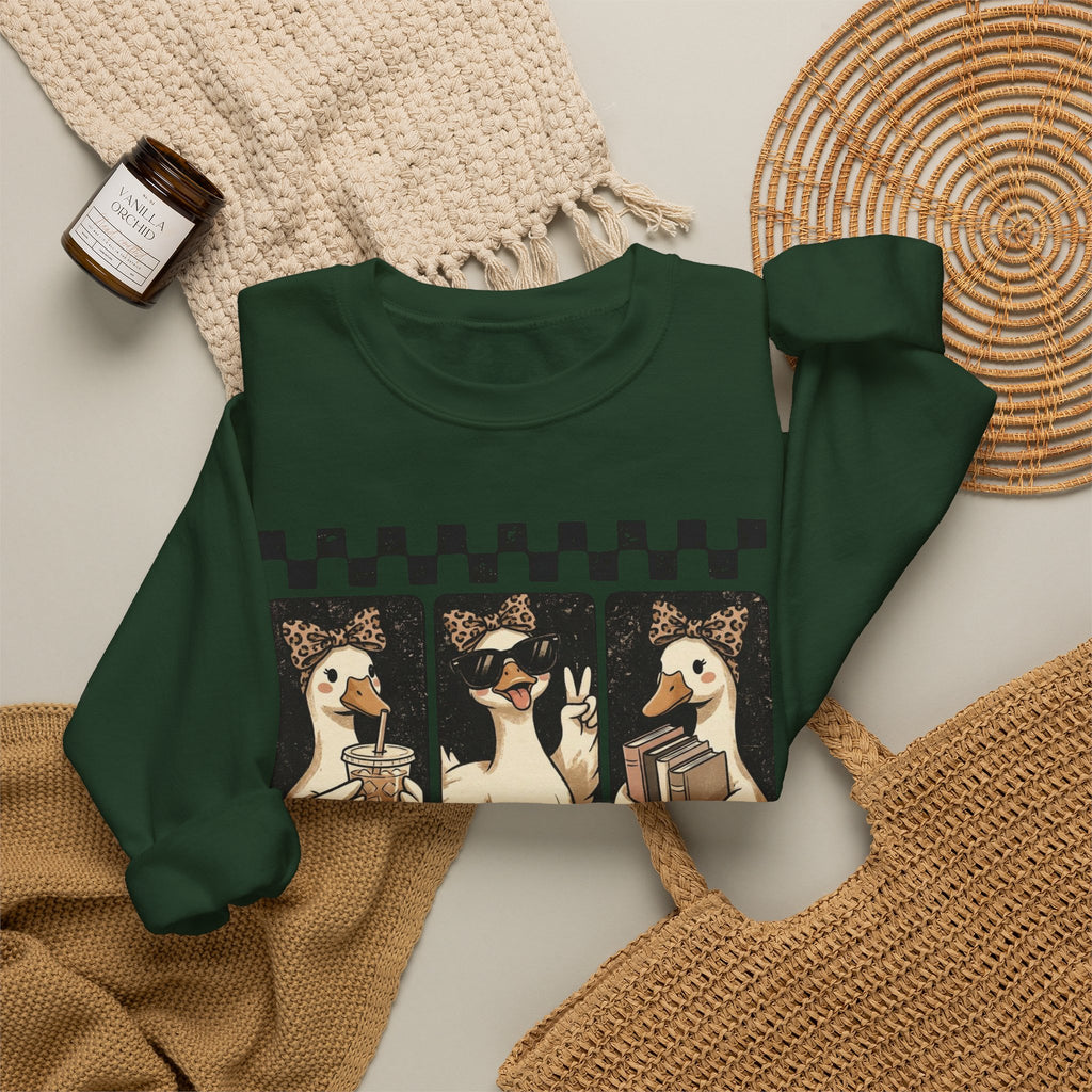 Duck Trio Crewneck Sweatshirt — Vintage Checkered Retro Goose Illustration